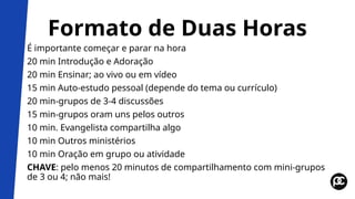 Formato de Duas Horas
É importante começar e parar na hora
20 min Introdução e Adoração
20 min Ensinar; ao vivo ou em vídeo
15 min Auto-estudo pessoal (depende do tema ou currículo)
20 min-grupos de 3-4 discussões
15 min-grupos oram uns pelos outros
10 min. Evangelista compartilha algo
10 min Outros ministérios
10 min Oração em grupo ou atividade
CHAVE: pelo menos 20 minutos de compartilhamento com mini-grupos
de 3 ou 4; não mais!
 