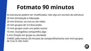 Fotmato 90 minutos
As estruturas podem ser modificadas; não seja um escravo da estrutura
20 min Introdução e Adoração
20 min Ensinar; ao vivo ou em vídeo
20 min-grupos de 3-4 discussões
15 min-grupos oram uns pelos outros
10 min. Evangelista compartilha algo
5 min Oração em grupo ou atividade
CHAVE: pelo menos 20 minutos de compartilhamento com mini-grupos
de 3 ou 4; não mais!
 