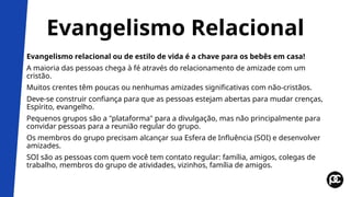 Evangelismo Relacional
Evangelismo relacional ou de estilo de vida é a chave para os bebês em casa!
A maioria das pessoas chega à fé através do relacionamento de amizade com um
cristão.
Muitos crentes têm poucas ou nenhumas amizades significativas com não-cristãos.
Deve-se construir confiança para que as pessoas estejam abertas para mudar crenças,
Espírito, evangelho.
Pequenos grupos são a "plataforma" para a divulgação, mas não principalmente para
convidar pessoas para a reunião regular do grupo.
Os membros do grupo precisam alcançar sua Esfera de Influência (SOI) e desenvolver
amizades.
SOI são as pessoas com quem você tem contato regular: família, amigos, colegas de
trabalho, membros do grupo de atividades, vizinhos, família de amigos.
 
