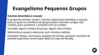 Evangelismo Pequenos Grupos
Eventos divertidos e casuais
O grupo faz eventos "ponte": eventos relacionais divertidos e casuais
para os quais os membros do grupo podem convidar amigos não-
cristãos, para aumentar a conexão com os cristãos.
Convidar alguns cristãos do grupo, alguns não-cristãos.
Mantenha-o casual e relacional, com comida e bebida.
Exemplos: festas, churrascos, projetos de serviço, jantares, reuniões de
eventos esportivos como Super Bowl ou Copa do Mundo.
 