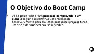 O Objetivo do Boot Camp
• Dê ao pastor sênior um processo comprovado e um
plano a seguir que construa um processo de
desenvolvimento para que cada pessoa na igreja se torne
um discípulo saudável que se reproduz.
 