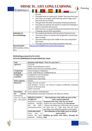 attention to colours which occur in the discussed season of
the year.
• The pupils listen to a piece by A. Vivaldi. They close their eyes.
• Their task is to imagine, while listening, which image, event
they think fits this melody.
• They get white A4 sheets and prepare drawing accessories.
• The pupils are asked by the teacher to make their drawings in
colours associated with autumn.
• After the work, any pupils (willing to do so) present their work
/ drawings, discuss their associations
Evaluation of
the methodology
• The students got familiar with the piece of classical music.
• They had a chance to activate their imagination and put their
ideas on paper.
• They were able to go to the middle of the class and present
their works.
• The pupils noticed how varied associations they had.
Documentation
(link to photos, videos,
etc.).
http://serwer1508943.home.pl/art,465,integracja
Methodology proposed by the school:
ISTITUTO COMPRENSIVO DI ALBA ADRIATICA, ITALIA
Title Inclusion with Music: “Now it’s your turn”…
Age/level 1st Level
Pupils from kindergarten school-
Pupils at their first year of primary school
Competențe
principale
Focus European Competence:
CIVIC AND SOCIAL COMPETENCES
Competențe
secundare
Competences to be developed:
Promotion of self-esteem
Interpersonal relationship
Time required 4 hours
Resources Song “One day my hand”
track Rondino “Forlane” by Francois Couperin Cardboards containing
pictures of the body parts
Audio-visual aids
Description of
the activity:
methodology,
what the teacher
does, what pupils
do
Active didactic methodologies
Methodological principles inspired by the Dalcroze method
PRESENTATION/
WARM-UP
Stimulation of pupil
intuitions, through
free and little-
structured activities.
Discrimination of the different parts of the
body and lateralization
Proposal of the song “One day my hand”
-Propose the song combining the movements
- Repeat and change part of the body also crossing
the parts (for ex., right hand and left foot),
according to the different proposals of the pupils
EXPLORATION
Leave time to
explore the topic
proposed, dealing
Discrimination of the bodily parts on oneself
and on others
Building up bonds with others, through the
body
 