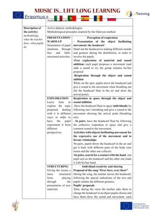 Audio-visual aids
Description of
the activity:
methodology,
what the teacher
does, what pupils
do
Active didactic methodologies
Methodological principles inspired by the Dalcroze method
PRESENTATION/
WARM-UP
Stimulation of pupil
intuitions, through
free and little-
structured activities.
Perception of respiration
- Presentation of the object facilitating
movement: the headscarf
Hand out the headscarves making different sounds
and gestures during the distribution, in order to
involve the pupils
-Free exploration of material and sound
addition: each pupil proposes a movement (and
adds a sound to it), the group imitates his/her
proposal
-Respiration through the object and sound
addition
While on the spot, pupils move the headscarf and
give a sound to the movement when breathing out
(let the headscarf float in the air and show the
arrival point).
EXPLORATION
Leave time to
explore the topic
proposed, dealing
with it in different
ways in order to
have the pupil
experiment it from
different
perspectives
Respiration in space through the object and
sound addition
-Have the headscarf float in space individually by
following one’s breathing and give a sound to the
movement showing the arrival point (breathing
out);
- In pairs, have the headscarf float by following
the collective respiration in space and give a
common sound to the movement;
Activities with objects facilitating movement for
the expressive use of the movement and to
favour relatioships
•In pairs, pupils throw the headscarf in the air and
get it back with different parts of the body (one
tosses and the other one collects)
•In pairs, search for a contact with the hand: one
pupil acts as the headscarf and the other one leads
it with his/her hand.
STRUCTURING
Giving the lesson a
more structured
form playing
through the
presentation of new
materials
Individual creativity and sharing
Proposal of the song “Over here, over there”
During the song, the teacher moves the headscarf,
following the spacial indications of the text and
pupils imitate the different gestures.
Pupils’ proposals
Then, during the verse the teacher asks them to
change the headscarf in an object pupils choose and
have them show the sound and movement: each
 