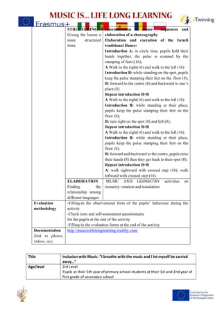 STRUCTURING
Giving the lesson a
more structured
form
Internalization of motor sequences and
elaboration of a choreography
Elaboration and execution of the Israeli
traditional Dance:
Introduction A: in circle time, pupils hold their
hands together, the pulse is scanned by the
stamping of feet ((16);
A Walk to the right(16) and walk to the left (16)
Introduction B: while standing on the spot, pupils
keep the pulse stamping their feet on the floor (8);
B: forward to the centre (8) and backward to one’s
place (8).
Repeat introduction B+B
A Walk to the right(16) and walk to the left (16)
Introduction B: while standing at their place,
pupils keep the pulse stamping their feet on the
floor (8);
B: turn right on the spot (8) and left (8);
Repeat introduction B+B
A Walk to the right(16) and walk to the left (16)
Introduction B: while standing at their place,
pupils keep the pulse stamping their feet on the
floor (8);
B: forward and backward to the centre, pupils raise
their hands (8) then they get back to their spot (8);
Repeat introduction B+B
A: walk rightward with crossed step (16); walk
leftward with crossed step (16).
ELABORATION
Finding the
relationship among
different languages
MUSIC AND GEOMETRY activities on
isometry: rotation and translation
Evaluation
methodology
-Filling-in the observational form of the pupils’ behaviour during the
activity
-Check tests and self-assessment questionnaire
for the pupils at the end of the activity
-Filling-in the evaluation forms at the end of the activity
Documentation
(link to photos,
videos, etc).
http://musicislifelonglearning.weebly.com/
Title Inclusion with Music: “I breathe with the music and I let myself be carried
away…”
Age/level 2rd Level
Pupils at their 5th year of primary school-students at their 1st and 2nd year of
first grade of secondary school
 