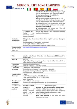 A Walk to the right(16) and walk to the left (16)
Introduction B: while standing at their place, pupils
keep the pulse stamping their feet on the floor (8);
B: turn right on the spot (8) and left (8);
Repeat introduction B+B
A Walk to the right(16) and walk to the left (16)
Introduction B: while standing at their place, pupils
keep the pulse stamping their feet on the floor (8);
B: forward and backward to the centre, pupils raise
their hands (8) then they get back to their spot (8);
Repeat introduction B+B
A: walk rightward with crossed step (16); walk
leftward with crossed step (16).
ELABORATION
Finding the
relationship among
different languages
MUSIC AND GEOMETRY activities on isometry:
rotation and translation
Evaluation
methodology
-Filling-in the observational form of the pupils’ behaviour during the
activity
-Check tests and self-assessment questionnaire
for the pupils at the end of the activity
-Filling-in the evaluation forms at the end of the activity
Documentation
(link to photos,
videos, etc).
http://musicislifelonglearning.weebly.com/
Title Inclusion with Music: “I breathe with the music and I let myself be
carried away…”
Age/level 2rd Level
Pupils at their 5th year of primary school-students at their 1st and 2nd year
of first grade of secondary school
Competențe
principale
Focus European Competence:
CIVIC AND SOCIAL COMPETENCES
Competențe
secundare
Competences to be developed:
-Promoting oneself and one’s interpersonal relationship
-Cooperative learning in the area of proximal development
-Development of self-effectiveness
Time required 3 hours
Resources Track ““Humoresque” op.101 n.7 by Dvorak
Track "Slavonic Dance” op. 72 n. 2 by Dvorak
Audio-visual aids
Description of
the activity:
methodology,
what the teacher
does, what
pupils do
Active didactic methodologies
Methodological principles inspired by the Dalcroze method
PRESENTATION/
WARM-UP
Stimulation of
student intuitions,
through free and
little-structured
activities.
Directions in space
Activities for spacial orientation and direction
- Creation of itineraries in space: draw lines
moving in space as if they were “webs” intersecting
and having a defined direction (follow one’s
direction with the eyes)
-Free voice addition of the paths and active
listening of the group
 