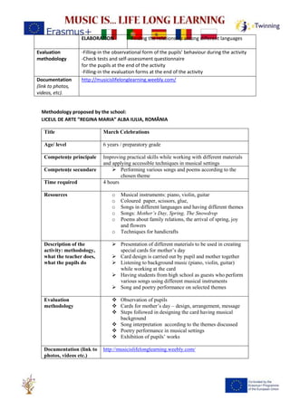 ELABORATION Finding the relationship among different languages
Evaluation
methodology
-Filling-in the observational form of the pupils’ behaviour during the activity
-Check tests and self-assessment questionnaire
for the pupils at the end of the activity
-Filling-in the evaluation forms at the end of the activity
Documentation
(link to photos,
videos, etc).
http://musicislifelonglearning.weebly.com/
Methodology proposed by the school:
LICEUL DE ARTE ”REGINA MARIA” ALBA IULIA, ROMÂNIA
Title March Celebrations
Age/ level 6 years / preparatory grade
Competențe principale Improving practical skills while working with different materials
and applying accessible techniques in musical settings
Competențe secundare ➢ Performing various songs and poems according to the
chosen theme
Time required 4 hours
Resources o Musical instruments: piano, violin, guitar
o Coloured paper, scissors, glue,
o Songs in different languages and having different themes
o Songs: Mother’s Day, Spring, The Snowdrop
o Poems about family relations, the arrival of spring, joy
and flowers
o Techniques for handicrafts
Description of the
activity: methodology,
what the teacher does,
what the pupils do
➢ Presentation of different materials to be used in creating
special cards for mother’s day
➢ Card design is carried out by pupil and mother together
➢ Listening to background music (piano, violin, guitar)
while working at the card
➢ Having students from high school as guests who perform
various songs using different musical instruments
➢ Song and poetry performance on selected themes
Evaluation
methodology
❖ Observation of pupils
❖ Cards for mother’s day – design, arrangement, message
❖ Steps followed in designing the card having musical
background
❖ Song interpretation according to the themes discussed
❖ Poetry performance in musical settings
❖ Exhibition of pupils’ works
Documentation (link to
photos, videos etc.)
http://musicislifelonglearning.weebly.com/
 