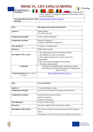 Evaluation This task has been more simple than inventing a letter for the
hymn. Legends have begun to represent with the body or what
are they listening to.
Visual documents: photos, videos
and links.
https://ka2646.wixsite.com/inicio
Title We show you our dance for the hymn!!
Age/level Infant students.
3,4, and 5 years old.
Competențe principale Learn to learn Competence.
Competențe secundare Musical Competence.
Linguistic and Maths Competences.
Time Required 2 sessions. 45 minutes each.
Resources Tablets and computer.
Description of the activity
1. We explain that we have to be dancer teachers.
2. We distribute the tasks to each child.
3. Each student explains how to make a step of the
choreography.
4. We record the choreography with the tablet.
5. We make a video-tutorial.
Evaluation The process of explaining the step has been simple.
Recording with the video and making the video-tutorial
has been funny.
Visual documents: photos, videos
and links.
https://ka2646.wixsite.com/inicio
Title I'm also youtuber!
Age/level 1st
level of Primary/ 6 years
Competențe principale Learn to learn Competence and Musical Competence
Competențe secundare Autonomy and personal initiative
Digital Competence
Linguistic Competence
Time Required 1 session of 60 minutes
Resources Computer, digital screen and projector, tablet.
Description of the activity We reflect on how we have invented and learned song and
dance.
They explain it first in front of the class and then we record it.
 