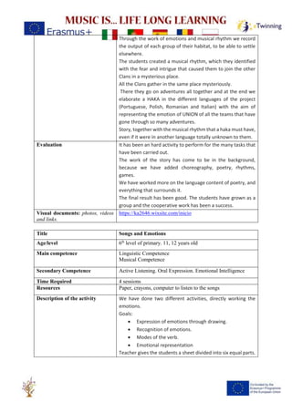 Through the work of emotions and musical rhythm we record
the output of each group of their habitat, to be able to settle
elsewhere.
The students created a musical rhythm, which they identified
with the fear and intrigue that caused them to join the other
Clans in a mysterious place.
All the Clans gather in the same place mysteriously.
There they go on adventures all together and at the end we
elaborate a HAKA in the different languages of the project
(Portuguese, Polish, Romanian and Italian) with the aim of
representing the emotion of UNION of all the teams that have
gone through so many adventures.
Story, together with the musical rhythm that a haka must have,
even if it were in another language totally unknown to them.
Evaluation It has been an hard activity to perform for the many tasks that
have been carried out.
The work of the story has come to be in the background,
because we have added choreography, poetry, rhythms,
games.
We have worked more on the language content of poetry, and
everything that surrounds it.
The final result has been good. The students have grown as a
group and the cooperative work has been a success.
Visual documents: photos, videos
and links.
https://ka2646.wixsite.com/inicio
Title Songs and Emotions
Age/level 6th
level of primary. 11, 12 years old
Main competence Linguistic Competence
Musical Competence
Secondary Competence Active Listening. Oral Expression. Emotional Intelligence
Time Required 4 sessions
Resources Paper, crayons, computer to listen to the songs
Description of the activity We have done two different activities, directly working the
emotions.
Goals:
• Expression of emotions through drawing.
• Recognition of emotions.
• Modes of the verb.
• Emotional representation
Teacher gives the students a sheet divided into six equal parts.
 