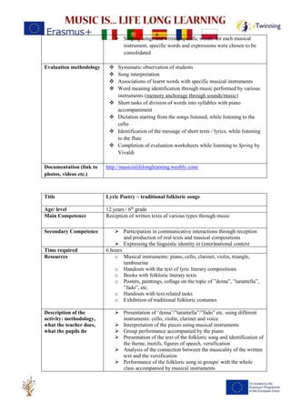 ➢ Singing songs and writing specific words: for each musical
instrument, specific words and expressions were chosen to be
consolidated
Evaluation methodology ❖ Systematic observation of students
❖ Song interpretation
❖ Associations of learnt words with specific musical instruments
❖ Word meaning identification through music performed by various
instruments (memory anchorage through sounds/music)
❖ Short tasks of division of words into syllables with piano
accompaniment
❖ Dictation starting from the songs listened, while listening to the
cello
❖ Identification of the message of short texts / lyrics, while listening
to the flute
❖ Completion of evaluation worksheets while listening to Spring by
Vivaldi
Documentation (link to
photos, videos etc.)
http://musicislifelonglearning.weebly.com/
Title Lyric Poetry – traditional folkloric songs
Age/ level 12 years / 6th
grade
Main Competence Reception of written texts of various types through music
Secondary Competence ➢ Participation in communicative interactions through reception
and production of oral texts and musical compositions
➢ Expressing the linguistic identity in (inter)national context
Time required 6 hours
Resources o Musical instruments: piano, cello, clarinet, violin, triangle,
tambourine
o Handouts with the text of lyric literary compositions
o Books with folkloric literary texts
o Posters, paintings, collage on the topic of ”doina”, ”tarantella”,
”fado”, etc.
o Handouts with text related tasks
o Exhibition of traditional folkloric costumes
Description of the
activity: methodology,
what the teacher does,
what the pupils do
➢ Presentation of ‘doina’/”tarantella”/”fado” etc. using different
instruments: cello, violin, clarinet and voice
➢ Interpretation of the pieces using musical instruments
➢ Group performance accompanied by the piano
➢ Presentation of the text of the folkloric song and identification of
the theme, motifs, figures of speech, versification
➢ Analysis of the connection between the musicality of the written
text and the versification
➢ Performance of the folkloric song in groups/ with the whole
class accompanied by musical instruments
 