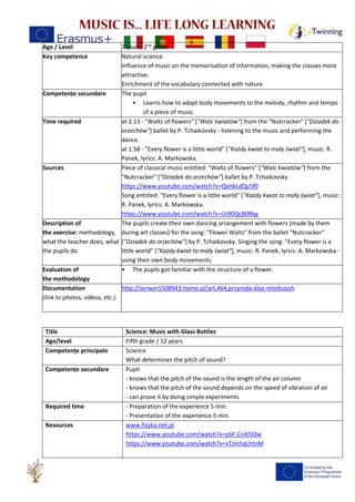 Age / Level 7 years, 2nd
grade
Key competence Natural science
Influence of music on the memorisation of information, making the classes more
attractive.
Enrichment of the vocabulary connected with nature.
Competențe secundare The pupil
• Learns how to adapt body movements to the melody, rhythm and tempo
of a piece of music.
Time required at 2.13 - "Waltz of flowers" ["Walc kwiatów"] from the "Nutcracker" ["Dziadek do
orzechów"] ballet by P. Tchaikovsky - listening to the music and performing the
dance.
at 1.58 - "Every flower is a little world" ["Każdy kwiat to mały świat"], music: R.
Panek, lyrics: A. Markowska.
Sources Piece of classical music entitled: "Waltz of flowers" ["Walc kwiatów"] from the
"Nutcracker" ["Dziadek do orzechów"] ballet by P. Tchaikovsky
https://www.youtube.com/watch?v=QxHkLdQy5f0
Song entitled: "Every flower is a little world" ["Każdy kwiat to mały świat"], music:
R. Panek, lyrics: A. Markowska.
https://www.youtube.com/watch?v=UJ90QcB0Rkg
Description of
the exercise: methodology,
what the teacher does, what
the pupils do
The pupils create their own dancing arrangement with flowers (made by them
during art classes) for the song: "Flower Waltz" from the ballet "Nutcracker"
["Dziadek do orzechów"] by P. Tchaikovsky. Singing the song: "Every flower is a
little world" ["Każdy kwiat to mały świat"], music: R. Panek, lyrics: A. Markowska -
using their own body movements.
Evaluation of
the methodology
• The pupils got familiar with the structure of a flower.
Documentation
(link to photos, videos, etc.).
http://serwer1508943.home.pl/art,464,przyroda-klas-mlodszych
Title Science: Music with Glass Bottles
Age/level Fifth grade / 12 years
Competențe principale Science
What determines the pitch of sound?
Competențe secundare Pupil:
- knows that the pitch of the sound is the length of the air column
- knows that the pitch of the sound depends on the speed of vibration of air
- can prove it by doing simple experiments
Required time - Preparation of the experience 5 min.
- Presentation of the experience 5 min.
Resources www.fizyka.net.pl
https://www.youtube.com/watch?v=pSF-CnXl5Ow
https://www.youtube.com/watch?v=vTJmhqLhtnM
 