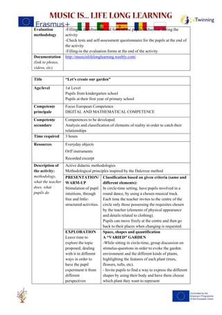 Evaluation
methodology
-Filling-in the observational form of the pupils’ behaviour during the
activity
-Check tests and self-assessment questionnaire for the pupils at the end of
the activity
-Filling-in the evaluation forms at the end of the activity
Documentation
(link to photos,
videos, etc).
http://musicislifelonglearning.weebly.com/
Title “Let’s create our garden”
Age/level 1st Level
Pupils from kindergarten school
Pupils at their first year of primary school
Competențe
principale
Focus European Competence
DIGITAL AND MATHEMATICAL COMPETENCE
Competențe
secundare
Competences to be developed:
Analysis and classification of elements of reality in order to catch their
relationships
Time required 3 hours
Resources Everyday objects
Orff instruments
Recorded excerpt
Description of
the activity:
methodology,
what the teacher
does, what
pupils do
Active didactic methodologies
Methodological principles inspired by the Dalcroze method
PRESENTATION/
WARM-UP
Stimulation of pupil
intuitions, through
free and little-
structured activities.
Classification based on given criteria (same and
different elements):
In circle-time setting, have pupils involved in a
round dance, by using a chosen musical track.
Each time the teacher invites to the centre of the
circle only those possessing the requisites chosen
by the teacher (elements of physical appearance
and details related to clothing).
Pupils can move freely at the centre and then go
back to their places when changing is requested.
EXPLORATION
Leave time to
explore the topic
proposed, dealing
with it in different
ways in order to
have the pupil
experiment it from
different
perspectives
Space, shapes and quantification
A “VARIED” GARDEN
-While sitting in circle-time, group discussion on
stimulus-questions in order to evoke the garden
environment and the different kinds of plants,
highlighting the features of each plant (trees,
flowers, tufts, etc).
- Invite pupils to find a way to express the different
shapes by using their body and have them choose
which plant they want to represent
 