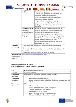 as: repetition,
modules.
the top, and the bottom by 8 pieces, and then makes
the sheet back again in A4.
-Sing the song again while the pupil points the
rhythmical patterns on the cardboard.
-Play with the cards by moving the couple of
quavers in a 4 quarter sequence.
-Pupils make up two different speed sequences by
using the cardboards. They find the rhythm with
the hoops and than they invent simple melodic
sequences.
ELABORATION
Finding the
relationship among
the different
languages
Playing on modular compositional structures by
using the hoops and the cut-out cardboards, thus
inventing different sequences on these two
measures/speeds using the following criteria:
inversion, repetition, variation, contrast/opposition.
Transferring these patterns into other languages:
graphic, numeric, geometric and digital.
Playing the make-up modules using them as an
arrangement for a song.
Evaluation
methodology
-Filling-in the observational form of the pupils’ behaviour during the
activity
-Check tests and self-assessment questionnaire for the pupils at the end of
the activity
-Filling-in the evaluation forms at the end of the activity
Documentation
(link to photos,
videos, etc).
http://musicislifelonglearning.weebly.com/
Methodology proposed by the school:
LICEUL DE ARTE ”REGINA MARIA” ALBA IULIA, ROMÂNIA
Title Working with natural numbers
Age/ level 9-10 years / 3rd
grade
Competențe
principale
Recognition and comparison of natural numbers (0-10000)
Competențe
secundare
➢ Approximation of natural numbers
➢ Number formation, reading and writing with Roman numerals, sums and
deductions
Time required 4 hours
Resources o Tables on cardboard
o Musical instruments: piano, violin, cello, guitar
o Computer application – Road distances
o Watches, clocks, sticks, posters
o Songs: The song of the Clock, Competition Song
o Colourful Worksheets with exercises - contest
 