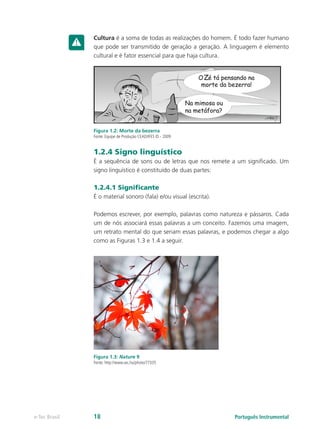 Cultura é a soma de todas as realizações do homem. É todo fazer humano
               que pode ser transmitido de geração a geração. A linguagem é elemento
               cultural e é fator essencial para que haja cultura.




               Figura 1.2: Morte da bezerra
               Fonte: Equipe de Produção CEAD/IFES © - 2009


               1.2.4 Signo linguístico
               É a sequência de sons ou de letras que nos remete a um significado. Um
               signo linguístico é constituído de duas partes:

               1.2.4.1 Significante
               É o material sonoro (fala) e/ou visual (escrita).

               Podemos escrever, por exemplo, palavras como natureza e pássaros. Cada
               um de nós associará essas palavras a um conceito. Fazemos uma imagem,
               um retrato mental do que seriam essas palavras, e podemos chegar a algo
               como as Figuras 1.3 e 1.4 a seguir.




               Figura 1.3: Nature 9
               Fonte: http://www.sxc.hu/photo/77335




e-Tec Brasil   18                                                  Português Instrumental
 