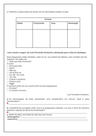 4. Preencha o quadro abaixo de acordo com as informações contidas no texto:
Poraquê
Habitat Comprimento Peso Alimentação
Leia o texto a seguir, de Luís Fernando Verissimo, atentando para a fala em destaque.
Dois preguiçosos estão sentados, cada um na sua cadeira de balanço, sem vontade nem de
balançar. Um deles diz:
— Será que está chovendo?
O outro:
— Acho que está.
— Será?
— Não sei.
— Vai lá fora ver.
— Eu não. Vai você.
— Eu não.
— Chama o cachorro.
— Chama você.
— Tupi!
O cachorro entra da rua e senta entre os dois preguiçosos.
— E então?
— O cachorro tá seco...
Luis Fernando Verissimo.
a. Os personagens do texto apresentam uma característica em comum. Qual é essa
característica?
R. __________________________________________________________________________
b. Considerando os lugares onde Tupi e os preguiçosos estavam, por que o nome do cachorro
apareceu seguido de ponto de exclamação?
R : ________________________________________________________________________
c. Retire do texto uma frase de cada tipo que houver.
Interrogativa: "_____________________________________________________________
Imperativa__________________________________________________________________
 