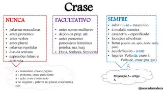 Crase
NUNCA
• palavras masculinas
• antes pronomes
• antes verbos
• antes plural
• palavras repetidas
• dias da semana
• expressões futuro e
distância
• .)
FACULTATIVO
• antes nomes mulheres
• depois da prep. até
• antes pronomes
possessivos femininos
(minha, sua, tua)
• Dona, Senhora, Senhorita
SEMPRE
• substitui ao + masculino
• à moda/à maneira
• casa/terra = especificado
• locuções adverbiais
• horas (exceto: até, após, desde, entre,
para)
• àquele/àquilo = a este
• lugares Volta da, crase à.
Volta de, crase pra que)
a + masculino, crase é pepino
a + pronome, crase passa fome
a + ação, crase é marcação
a no singular + palavra no plural, crase nem a
pau
Preposição A + artigo
A
@meucadernodecon
 