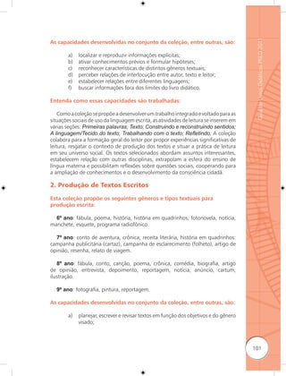 Guia de Livros Didáticos PNLD 2011
As capacidades desenvolvidas no conjunto da coleção, entre outras, são:

        a)   localizar e reproduzir informações explícitas;
        b)   ativar conhecimentos prévios e formular hipóteses;
        c)   reconhecer características de distintos gêneros textuais;
        d)   perceber relações de interlocução entre autor, texto e leitor;
        e)   estabelecer relações entre diferentes linguagens;
        f)   buscar informações fora dos limites do livro didático.

Entenda como essas capacidades são trabalhadas:

    Como a coleção se propõe a desenvolver um trabalho integrado e voltado para as
situações sociais de uso da linguagem escrita, as atividades de leitura se inserem em
várias seções: Primeiras palavras; Texto; Construindo e reconstruindo sentidos;
A linguagem/Tecido do texto; Trabalhando com o texto; Reﬂetindo. A coleção
colabora para a formação geral do leitor por propor experiências significativas de
leitura, resgatar o contexto de produção dos textos e situar a prática de leitura
em seu universo social. Os textos selecionados abordam assuntos interessantes,
estabelecem relação com outras disciplinas, extrapolam a esfera do ensino de
língua materna e possibilitam reﬂexões sobre questões sociais, cooperando para
a ampliação de conhecimentos e o desenvolvimento da consciência cidadã.

2. Produção de Textos Escritos

Esta coleção propõe os seguintes gêneros e tipos textuais para
produção escrita:

  6º ano: fábula, poema, história, história em quadrinhos, fotonovela, notícia,
manchete, esquete, programa radiofônico.

  7º ano: conto de aventura, crônica, receita literária, história em quadrinhos:
campanha publicitária (cartaz), campanha de esclarecimento (folheto), artigo de
opinião, resenha, relato de viagem.

   8º ano: fábula, conto, canção, poema, crônica, comédia, biografia, artigo
de opinião, entrevista, depoimento, reportagem, notícia, anúncio, cartum,
ilustração.

  9º ano: fotografia, pintura, reportagem.

As capacidades desenvolvidas no conjunto da coleção, entre outras, são:

        a)   planejar, escrever e revisar textos em função dos objetivos e do gênero
             visado;



                                                                                        101
 