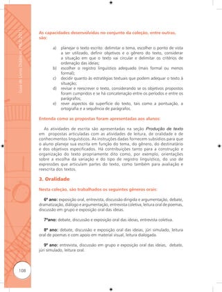Guia de Livros Didáticos PNLD 2011

                                     As capacidades desenvolvidas no conjunto da coleção, entre outras,
                                     são:

                                            a)   planejar o texto escrito: delimitar o tema, escolher o ponto de vista
                                                 a ser utilizado, definir objetivos e o gênero do texto, considerar
                                                 a situação em que o texto vai circular e delimitar os critérios de
                                                 ordenação das ideias;
                                            b)   escolher o registro linguístico adequado (mais formal ou menos
                                                 formal);
                                            c)   decidir quanto às estratégias textuais que podem adequar o texto à
                                                 situação;
                                            d)   revisar e reescrever o texto, considerando se os objetivos propostos
                                                 foram cumpridos e se há concatenação entre os períodos e entre os
                                                 parágrafos;
                                            e)   rever aspectos da superfície do texto, tais como a pontuação, a
                                                 ortografia e a sequência de parágrafos.

                                     Entenda como as propostas foram apresentadas aos alunos:

                                        As atividades de escrita são apresentadas na seção Produção de texto
                                     em propostas articuladas com as atividades de leitura, de oralidade e de
                                     conhecimentos linguísticos. As instruções dadas fornecem subsídios para que
                                     o aluno planeje sua escrita em função do tema, do gênero, do destinatário
                                     e dos objetivos especificados. Há contribuições tanto para a construção e
                                     organização do texto propriamente dito como, por exemplo, orientações
                                     sobre a escolha da variação e do tipo de registro linguístico, do uso de
                                     expressões que articulam partes do texto, como também para avaliação e
                                     reescrita dos textos.

                                     3. Oralidade

                                     Nesta coleção, são trabalhados os seguintes gêneros orais:

                                        6º ano: exposição oral, entrevista, discussão dirigida e argumentação, debate,
                                     dramatização, diálogo e argumentação, entrevista coletiva, leitura oral de poemas,
                                     discussão em grupo e exposição oral das ideias.

                                       7ºano: debate, discussão e exposição oral das ideias, entrevista coletiva.

                                        8º ano: debate, discussão e exposição oral das ideias, júri simulado, leitura
                                     oral de poemas e com apoio em material visual, leitura dialogada.

                                        9º ano: entrevista, discussão em grupo e exposição oral das ideias, debate,
                                     júri simulado, leitura oral.



      108
 
