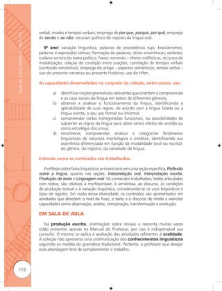 Guia de Livros Didáticos PNLD 2011

                                     verbal; modos e tempos verbais; emprego de por que, porque, por quê; emprego
                                     de senão e se não; recursos gráficos de registro da língua oral.

                                        9º ano: variação linguística; palavras de procedência tupi; brasileirismos,
                                     palavras e expressões latinas; formação de palavras; séries sinonímicas; verbetes;
                                     o plano sonoro do texto poético; frases nominais – efeitos estilísticos; recursos de
                                     modalização; relação de condição entre orações; correlação de tempos verbais
                                     (conteúdo semântico); emprego do artigo – aspectos semânticos; tempo verbal –
                                     uso do presente narrativo ou presente histórico; uso do hífen.

                                     As capacidades desenvolvidas no conjunto da coleção, entre outras, são:

                                             a)   identificar noções gramaticais relevantes que orientam a compreensão
                                                  e os usos sociais da língua em textos de diferentes gêneros;
                                             b)   observar e analisar o funcionamento da língua, identificando a
                                                  aplicabilidade de suas regras, de acordo com a língua falada ou a
                                                  língua escrita, o seu uso formal ou informal;
                                             c)   compreender certas transgressões funcionais, ou possibilidades de
                                                  subverter as regras da língua para obter certos efeitos de sentido ou
                                                  como estratégia discursiva;
                                             d)   reconhecer, compreender, analisar e categorizar fenômenos
                                                  linguísticos de natureza morfológica e sintática, identificando sua
                                                  ocorrência diferenciada em função da modalidade (oral ou escrita),
                                                  do gênero, do registro, da variedade da língua.

                                     Entenda como os conteúdos são trabalhados:

                                        A reﬂexão sobre fatos linguísticos se insere tanto em uma seção específica, Reﬂexão
                                     sobre a língua, quanto nas seções: Interpretação oral, Interpretação escrita,
                                     Produção de texto e Linguagem oral. Os conteúdos trabalhados, todos articulados
                                     com textos, são relativos à morfossintaxe, à semântica, ao discurso, às condições
                                     de produção textual e à variação linguística, considerando-se os usos linguísticos e
                                     tipos de registro. Em razão dessa diversidade, os conteúdos são apresentados em
                                     atividades que abordam o nível da frase, o texto e o discurso de modo a exercitar
                                     capacidades como observação, análise, comparação, transformação e produção.

                                     EM SALA DE AULA

                                        Na produção escrita, orientações sobre revisão e reescrita muitas vezes
                                     estão presentes apenas no Manual do Professor, por isso é indispensável sua
                                     consulta. O mesmo se aplica à avaliação das atividades referentes à oralidade.
                                     A coleção não apresenta uma sistematização dos conhecimentos linguísticos
                                     seguindo os moldes da gramática tradicional. Portanto, o professor que desejar
                                     essa abordagem terá de complementar o trabalho.



      110
 
