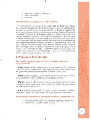 Guia de Livros Didáticos PNLD 2011
        c)   identificar e comparar informações;
        d)   inferir informações;
        e)   sintetizar.

Entenda como essas capacidades são trabalhadas:

    A leitura começa a ser explorada na seção Troca de ideias, que introduz
perguntas de antecipação temática. O texto é apresentado na seção Para ler,
que aparece mais de uma vez em cada capítulo. Em O texto em estudo, são
apresentadas questões de compreensão que possibilitam o desenvolvimento de
capacidades de leitura. Em A linguagem do texto, realiza-se uma análise dos
recursos linguísticos usados na composição do texto por meio de perguntas e
propostas de observação. As atividades de leitura da coleção, de modo geral,
colaboram para a formação geral do leitor, embora apresentem limitações por
nem sempre resgatarem o contexto histórico e a finalidade dos textos. Por
outro lado, há um conjunto significativo de atividades que chama a atenção
para informações sobre o suporte e o gênero do texto, o que pode levar o
leitor a acionar estratégias de leitura. Há também oportunidades para o aluno
realizar apreciações dos textos, relacionando os temas com suas experiências,
a fim de reﬂetir mais criticamente sobre eles.

2. Produção de Textos Escritos

Esta coleção propõe os seguintes gêneros e tipos textuais para
produção escrita:

   6º ano: legenda de foto, relato, transcrição de conversa, glossário, narrativa,
classificado, poema, carta do leitor, carta comercial ou oficial, reescrita de história
em quadrinhos, paródia de conto de fadas ou fábula, crônica, conto.

   7º ano: poema, prosa poética, resumo, relato de pesquisa, texto argumentativo,
crônica, texto teatral, artigo de opinião, cartaz, poema, anúncio.

   8º ano: reescrita de crônica, carta, crônica, anúncio, cartaz, manchete, notícia,
reportagem, textos para o jornal escolar, conto, peça teatral, resenha, relato de
memória, pesquisa, questionário.

  9º ano: artigo de opinião, crônica, frase para camiseta, dissertação, transcrição
de entrevista, poema de cordel, soneto, haicai, rap, mensagem para painel.

As capacidades desenvolvidas no conjunto da coleção, entre outras, são:

        a)   escrever diferentes textos considerando a organização do gênero;
        b)   elaborar tema e construir a textualidade;



                                                                                          119
 