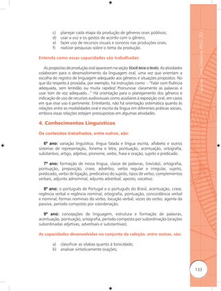 Guia de Livros Didáticos PNLD 2011
        c)   planejar cada etapa da produção de gêneros orais públicos;
        d)   usar a voz e os gestos de acordo com o gênero;
        e)   fazer uso de recursos visuais e sonoros nas produções orais;
        f)   realizar pesquisas sobre o tema da produção.

Entenda como essas capacidades são trabalhadas:

   As propostas de produção oral aparecem na seção Você tece o texto. As atividades
colaboram para o desenvolvimento da linguagem oral, uma vez que orientam a
escolha do registro de linguagem adequado aos gêneros e situações propostos. No
que diz respeito à prosódia, por exemplo, há instruções como: - “Falar com ﬂuência
adequada, sem lentidão ou muita rapidez/ Pronunciar claramente as palavras e
usar tom de voz adequado...” Há orientação para o planejamento dos gêneros e
indicação de uso de recursos audiovisuais como auxiliares à exposição oral, em casos
em que esse uso é pertinente. Entretanto, não há orientação sistemática quanto às
relações entre as modalidades oral e escrita da língua em diferentes práticas sociais,
embora essas relações estejam pressupostas em algumas atividades.

4. Conhecimentos Linguísticos

Os conteúdos trabalhados, entre outros, são:

    6º ano: variação linguística, língua falada e língua escrita, alfabeto e outros
sistemas de representação, fonema e letra, pontuação, acentuação, ortografia,
substantivo, artigo, adjetivo, pronome, verbo, frase e oração, sujeito e predicado.

   7º ano: formação de nossa língua, classe de palavras, (revisão), ortografia,
pontuação, preposição, crase, advérbio, verbo regular e irregular, sujeito,
predicado, verbo de ligação, predicativo do sujeito, tipos de verbo, complementos
verbais, adjunto adnominal, adjunto adverbial, aposto, vocativo.

   8º ano: o português de Portugal e o português do Brasil, acentuação, crase,
regência verbal e regência nominal, ortografia, pontuação, concordância verbal
e nominal, formas nominais do verbo, locução verbal, vozes do verbo, agente da
passiva, período composto por coordenação.

  9º ano: concepções de linguagem, estrutura e formação de palavras,
acentuação, pontuação, ortografia, período composto por subordinação (orações
subordinadas adjetivas, adverbiais e substantivas).

As capacidades desenvolvidas no conjunto da coleção, entre outras, são:

        a)   classificar as sílabas quanto à tonicidade;
        b)   analisar sintaticamente orações;



                                                                                         133
 