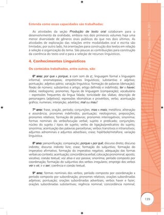 Guia de Livros Didáticos PNLD 2011
Entenda como essas capacidades são trabalhadas:

   As atividades da seção Produção de texto oral colaboram para o
desenvolvimento da oralidade, embora nos dois primeiros volumes haja uma
menor diversidade de gêneros orais públicos do que nos dois últimos. As
atividades de exploração das relações entre modalidades oral e escrita são
limitadas; por outro lado, há orientações para construção dos textos em relação
à seleção e organização do tema. São poucas as contribuições para construção
da coerência do texto oral e para a seleção de recursos linguísticos.

4. Conhecimentos Linguísticos

Os conteúdos trabalhados, entre outros, são:

    6º ano: por que x porque; s com som de z;; linguagem formal x linguagem
informal; onomatopeias; empréstimos linguísticos; substantivo e adjetivo;
pontuação; adjetivo pátrio; variação linguística; formação de palavras (derivação);
ﬂexão de número: substantivo e artigo; artigo definido e indefinido; ter x haver;
sílaba; neologismo; pronomes; figuras de linguagem (comparação); vocabulário
– expressões frequentes da língua falada; tonicidade das sílabas; descrição de
personagens (adjetivos); expressões idiomáticas e provérbios; verbo; acentuação
gráfica; numerais; interjeição; advérbio; mal ou mau?

   7º ano: frase, oração, período; conjunções; mas x mais; metáfora; aliteração
e assonância; pronomes indefinidos; pontuação; neologismos; preposições;
pronomes relativos; formação de palavras; pronomes interrogativos; sinonímia;
formas nominais do verbo/locução verbal; sujeito e predicado; conjunções;
núcleo do sujeito / tipos de sujeito; verbo de ligação/predicativo do sujeito;
sinonímia; acentuação das palavras paroxítonas; verbos transitivos e intransitivos;
adjuntos adnominais e adjuntos adverbiais; crase; hipérbole/metáfora; variação
linguística.

   8º ano: personificação; comparação; porque x por quê; discurso direto; discurso
indireto; discurso indireto livre; crase; formação do subjuntivo; formação do
imperativo afirmativo; formação do imperativo negativo; adequação das formas
verbais ao contexto; acentuação; concordância verbal; colocação pronominal; aposto;
vocativo; coesão textual; voz ativa e voz passiva; sinonímia; período composto por
coordenação; formação do subjuntivo dos verbos irregulares; emprego dos verbos
ver e vir, ir e ser; coerência e coesão textual.

   9º ano: formas nominais dos verbos; período composto por coordenação x
período composto por subordinação; pronomes relativos; orações subordinadas
adjetivas; pontuação; orações subordinadas adverbiais; verbos haver e fazer;
orações subordinadas substantivas; regência nominal; concordância nominal;



                                                                                      139
 