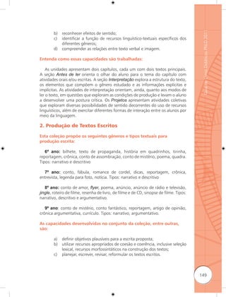 Guia de Livros Didáticos PNLD 2011
        b)   reconhecer efeitos de sentido;
        c)   identificar a função de recursos linguístico-textuais específicos dos
             diferentes gêneros;
        d)   compreender as relações entre texto verbal e imagem.

Entenda como essas capacidades são trabalhadas:

    As unidades apresentam dois capítulos, cada um com dois textos principais.
A seção Antes de ler orienta o olhar do aluno para o tema do capítulo com
atividades orais e/ou escritas. A seção Interpretação explora a estrutura do texto,
os elementos que compõem o gênero estudado e as informações explícitas e
implícitas. As atividades de interpretação orientam, ainda, quanto aos modos de
ler o texto, em questões que exploram as condições de produção e levam o aluno
a desenvolver uma postura crítica. Os Projetos apresentam atividades coletivas
que exploram diversas possibilidades de sentido decorrentes do uso de recursos
linguísticos, além de exercitar diferentes formas de interação entre os alunos por
meio da linguagem.

2. Produção de Textos Escritos

Esta coleção propõe os seguintes gêneros e tipos textuais para
produção escrita:

   6º ano: bilhete, texto de propaganda, história em quadrinhos, tirinha,
reportagem, crônica, conto de assombração, conto de mistério, poema, quadra.
Tipos: narrativo e descritivo

  7º ano: conto, fábula, romance de cordel, dicas, reportagem, crônica,
entrevista, legenda para foto, notícia. Tipos: narrativo e descritivo

   8º ano: conto de amor, ﬂyer, poema, anúncio, anúncio de rádio e televisão,
jingle, roteiro de filme, resenha de livro, de filme e de CD, sinopse de filme. Tipos:
narrativo, descritivo e argumentativo.

   9º ano: conto de mistério, conto fantástico, reportagem, artigo de opinião,
crônica argumentativa, currículo. Tipos: narrativo, argumentativo.

As capacidades desenvolvidas no conjunto da coleção, entre outras,
são:

        a)   definir objetivos plausíveis para a escrita proposta;
        b)   utilizar recursos apropriados de coesão e coerência, inclusive seleção
             lexical, recursos morfossintáticos na construção dos textos;
        c)   planejar, escrever, revisar, reformular os textos escritos.



                                                                                         149
 