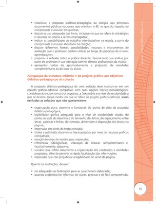 Guia de Livros Didáticos PNLD 2011
  • relacionar a proposta didático-pedagógica da coleção aos principais
    documentos públicos nacionais que orientam o EF, no que diz respeito ao
    componente curricular em questão;
  • discutir o uso adequado dos livros, inclusive no que se refere às estratégias
    e recursos de ensino a serem empregados;
  • indicar as possibilidades de trabalho interdisciplinar na escola, a partir do
    componente curricular abordado na coleção;
  • discutir diferentes formas, possibilidades, recursos e instrumentos de
    avaliação que o professor poderá utilizar ao longo do processo de ensino-
    aprendizagem;
  • propiciar a reﬂexão sobre a prática docente, favorecendo sua análise por
    parte do professor e sua interação com os demais profissionais da escola;
  • apresentar textos de aprofundamento e propostas de atividades
    complementares às do livro do aluno.

Adequação da estrutura editorial e do projeto gráﬁco aos objetivos
didático-pedagógicos da coleção

   A proposta didático-pedagógica de uma coleção deve traduzir-se em um
projeto gráfico-editorial compatível com suas opções teórico-metodológicas,
considerando-se, dentre outros aspectos, a faixa etária e o nível de escolaridade a
que se destina. Desse modo, no que se refere ao projeto gráfico-editorial, serão
excluídas as coleções que não apresentarem:

  • organização clara, coerente e funcional, do ponto de vista da proposta
    didático-pedagógica;
  • legibilidade gráfica adequada para o nível de escolaridade visado, do
    ponto de vista do desenho e do tamanho das letras; do espaçamento entre
    letras, palavras e linhas; do formato, dimensões e disposição dos textos na
    página;
  • impressão em preto do texto principal;
  • títulos e subtítulos claramente hierarquizados por meio de recursos gráficos
    compatíveis;
  • isenção de erros de revisão e/ou impressão;
  • referências bibliográficas, indicação de leituras complementares e,
    facultativamente, glossário;
  • sumário que reﬂita claramente a organização dos conteúdos e atividades
    propostos, além de permitir a rápida localização das informações;
  • impressão que não prejudique a legibilidade no verso da página.

  Quanto às ilustrações, devem:

  • ser adequadas às finalidades para as quais foram elaboradas;
  • quando o objetivo for informar, ser claras, precisas e de fácil compreensão;



                                                                                      15
 