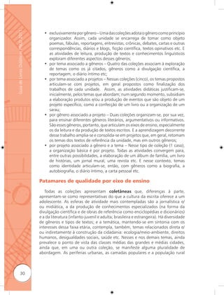 Guia de Livros Didáticos PNLD 2011

                                       • exclusivamente por gênero – Uma das coleções adota o gênero como princípio
                                         organizador. Assim, cada unidade se encarrega de tomar como objeto
                                         poemas, fábulas, reportagens, entrevistas, crônicas, debates, cartas e outras
                                         correspondências, diários e blogs, ficção científica, textos opinativos etc. E
                                         as atividades de leitura, produção de textos e conhecimentos linguísticos
                                         exploram diferentes aspectos desses gêneros;
                                       • por tema associado a gêneros – Quatro das coleções associam à exploração
                                         de temas como os já citados, gêneros como a divulgação científica, a
                                         reportagem, o diário íntimo etc;
                                       • por tema associado a projetos – Nessas coleções (cinco), os temas propostos
                                         articulam-se com projetos, em geral propostos como finalização dos
                                         trabalhos de cada unidade. Assim, as atividades didáticas justificam-se,
                                         inicialmente, pelos temas que abordam; num segundo momento, subsidiam
                                         a elaboração produtos e/ou a produção de eventos que são objeto de um
                                         projeto específico, como a confecção de um livro ou a organização de um
                                         sarau;
                                       • por gênero associado a projeto – Duas coleções organizam-se, por sua vez,
                                         para ensinar diferentes gêneros literários, argumentativos ou informativos.
                                         São esses gêneros, portanto, que articulam os eixos de ensino, especialmente
                                         os da leitura e da produção de textos escritos. E a aprendizagem decorrente
                                         desse trabalho amplia-se e consolida-se em projetos que, em geral, retomam
                                         os temas dos textos de referência da unidade, mas em outros gêneros;
                                       • por projeto associado a gênero e a tema – Nesse tipo de coleção (1 caso),
                                         a organização básica é por projeto. Todas as atividades convergem para,
                                         entre outras possibilidades, a elaboração de um álbum de família, um livro
                                         de histórias, um jornal mural, uma revista etc. E nesse contexto, temas
                                         como identidade articulam-se, então, com gêneros como a biografia, a
                                         autobiografia, o diário íntimo, a carta pessoal etc.

                                     Patamares de qualidade por eixo de ensino

                                        Todas as coleções apresentam coletâneas que, diferenças à parte,
                                     apresentam-se como representativas do que a cultura da escrita oferece a um
                                     adolescente. As esferas de atividade mais contempladas são a jornalística e/
                                     ou midiática, a da produção de conhecimentos especializados (na forma da
                                     divulgação científica e de obras de referência como enciclopédias e dicionários)
                                     e a da literatura (infanto-juvenil e adulta; brasileira e estrangeira). Há diversidade
                                     de gêneros e tipos de textos; e a temática, mantendo-se em sintonia com os
                                     interesses dessa faixa etária, contempla, também, temas relacionados direta e/
                                     ou indiretamente à construção da cidadania: ecologia/meio-ambiente, direitos
                                     humanos, desigualdades sociais, saúde etc. Nesses e nos demais temas, ainda
                                     prevalece o ponto de vista das classes médias das grandes e médias cidades,
                                     ainda que, em uma ou outra coleção, se manifeste alguma pluralidade de
                                     abordagem. As periferias urbanas, as camadas populares e a população rural



              30
 
