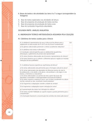 Guia de Livros Didáticos PNLD 2011

                                     II. Bases de textos e de atividades (os itens 4 a 7 a seguir correspondem às
                                         listagens)

                                     4.    Base de textos explorados nas atividades de leitura
                                     5.    Base de propostas de produção de textos escritos
                                     6.    Base de propostas de produção de textos orais
                                     7.    Base de conteúdos linguísticos abordados

                                     SEGUNDA PARTE: ANÁLISE AVALIATIVA

                                     A. ABORDAGEM TEÓRICO-METODOLÓGICA ASSUMIDA PELA COLEÇÃO

                                     III. Coletânea de textos usados para a leitura

                                          8. A coletânea é representativa do que a cultura escrita oferece para o              Col.
                                          adolescente na faixa escolar do 6º ao 9º ano do Ensino Fundamental?
                                          a) Os gêneros selecionados pertencem a esferas socialmente relevantes?
                                          b) A coletânea inclui textos multimodais?
                                          c) A produção cultural específica para os adolescentes (quadrinhos,
                                          almanaques, suplementos de jornais) está representada?
                                          d) Os textos literários selecionados são de autores representativos do cânone?
                                          e) Há textos literários que se referem a diferentes épocas e regiões (aí incluídas
                                          traduções de boa qualidade)?


                                          9. A coletânea favorece experiências significativas de leitura?                      Col.

                                          a) Os temas selecionados são pertinentes para a formação cultural do aluno?
                                          b) Os temas selecionados são abordados de diferentes pontos de vista (o
                                          do adolescente, o do adulto, o do aluno, o do professor, o do negro e o do
                                          branco, o feminino e o masculino)?
                                          c) Os temas selecionados e os pontos de vista a partir dos quais são
                                          abordados contemplam a heterogeneidade sociocultural brasileira?
                                          d) Os textos originais e autênticos (isto é, que circulam socialmente na cultura
                                          escrita), autorais ou não, constituem maioria absoluta?
                                          e) Os fragmentos e adaptações mantêm unidade de sentido?
                                          f) Os fragmentos e adaptações trazem indicação de cortes?
                                          g) A apresentação dos textos traz indicação de créditos?
                                          h) Os textos mantêm fidelidade ao suporte original, quando pertinente para a
                                          compreensão?
                                          i) As ilustrações favorecem a reconstrução dos sentidos dos textos pelo aluno?




              48
 