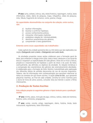 Guia de Livros Didáticos PNLD 2011
   9º ano: carta, verbete, crônica, tela, relato histórico, reportagem, notícia, texto
informativo, relato, diário de pesquisa, mapa, infográfico, relato de pesquisa,
mito, fábula, fragmento de romance, conto, poema, charge.

As capacidades desenvolvidas no conjunto da coleção, entre outras,
são:

        a)   localizar informações;
        b)   levantar e confirmar hipóteses;
        c)   acionar conhecimentos prévios;
        d)   interpretar informações implícitas;
        e)   estabelecer relações de intertextualidade;
        f)   identificar características dos gêneros;
        g)   compreender o texto globalmente.

Entenda como essas capacidades são trabalhadas:

   Cada capítulo da unidade apresenta dois ou três textos que são explorados nas
seções Dialogando com o texto e Dialogando com outro texto.

    As atividades propostas nessas seções colaboram para a formação geral do
leitor, pois enfatizam a relação entre autor, texto e leitor; destacam o uso social da
leitura e respeitam as especificidades de cada gênero. Antes de se iniciar a leitura,
propõe-se o levantamento de hipóteses a partir do título e do autor do texto;
eventualmente, são definidos os objetivos da atividade. As relações temáticas e
a comparação das características dos gêneros são sistematicamente abordadas.
A colaboração para a formação do leitor literário é possibilitada pela exploração
dos diferentes efeitos de sentidos decorrentes do uso de recursos linguísticos.
Todavia, não há informações nem contextualização que permitam relacionar os
textos ao contexto em que foram escritos. A seção Livros & Cia., que apresenta
pequenas resenhas, ao final de cada unidade, constitui-se como incentivo para
o aluno ler livros de vários autores, consultar sítios da Internet e assistir a filmes
interessantes.

2. Produção de Textos Escritos

Esta coleção propõe os seguintes gêneros e tipos textuais para a produção
escrita:

    6º ano: tirinha, placa, instrução de jogo, crônica, notícia, relato de memória,
história, carta, entrevista, propaganda.

   7º ano: cartaz, convite, artigo, reportagem, diário, história, lenda, texto
instrucional, regulamento, texto informativo.



                                                                                         59
 