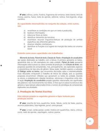 Guia de Livros Didáticos PNLD 2011
   9º ano: crônica, conto, história, fragmento de romance, texto teatral, letra de
música, poema, haicai, texto de opinião, editorial, notícia, foto-legenda, artigo
científico.

As capacidades desenvolvidas no conjunto da coleção, entre outras,
são:

        a)   reconhecer as condições em que um texto é produzido;
        b)   localizar informações;
        c)   relacionar título ao texto;
        d)   identificar elementos da narrativa;
        e)   reconhecer recursos linguístico-textuais de produção de sentido
             específicos dos diferentes gêneros;
        f)   observar relações intertextuais;
        g)   identificar as funções e os lugares de inserção dos textos no universo
             social.

Entenda como essas capacidades são trabalhadas:

   Momento do texto, Painel do texto, Estudo do Texto e Ampliação do vocabulário
são seções destinadas ao trabalho com a leitura. A primeira apresenta os textos,
geralmente dois ou três exemplares em cada unidade. Painel do texto apresenta
informações sobre autores ou sobre contexto de produção. Em Estudo do texto, são
propostas questões de compreensão, mas, principalmente, são explorados aspectos
e características do tipo e/ou do gênero. Nessa seção, também aparece a subseção
O Diálogo entre os textos, que encaminha discussões sobre a intertextualidade.
Essas discussões enriquecem o trabalho de leitura da coleção, pois as questões
propostas encaminham reﬂexões que aproximam os textos da unidade, levando
os alunos a estabelecerem relações temáticas, estruturais e linguísticas entre eles.
A seção Ampliação do vocabulário propõe questões relacionadas aos significados
das palavras e seu funcionamento nos textos. O foco que se coloca na estrutura dos
gêneros e tipos textuais selecionados limita o número de estratégias de compreensão
exploradas nas atividades.

2. Produção de Textos Escritos

Esta coleção propõe os seguintes gêneros e tipos textuais para
produção escrita:

  6º ano: resenha de livro, quadrinha, lenda, fábula, conto de fadas, poema,
anúncio publicitário, foto-legenda, jornal, carta pessoal.

  7º ano: e-mail, cartão-postal, cordel, história em quadrinhos, diário, crônica,
conto, texto de opinião, reportagem, notícia, poema.



                                                                                       77
 