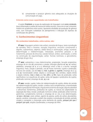 Guia de Livros Didáticos PNLD 2011
        b)   compreender e produzir gêneros orais adequados às situações de
             comunicação em jogo.

Entenda como essas capacidades são trabalhadas:

   A seção Oralidade se ocupa da exploração da linguagem oral como conteúdo,
leva à observação e análise de marcas em textos escritos, como em e-mail, entrevista,
história em quadrinhos entre outros. Apresenta atividades de produção de gêneros
orais, com instruções cuidadosas de planejamento e indicação de aspectos da
constituição dos gêneros.

4. Conhecimentos Linguísticos

Os conteúdos trabalhados, entre outros, são:

   6º ano: linguagem verbal e não verbal; conceito de língua, texto e produção
de sentidos; letra e fonema; variação linguística; encontro consonantal e
dígrafo; substantivos; adjetivo; sílaba tônica e acentuação; artigo; numeral;
determinação e indeterminação; interjeição; pronomes pessoais e de
tratamento; pessoas do discurso; coesão textual; verbos; acentuação; o verbo
na construção da argumentação; verbo: formas nominais; o gerundismo;
emprego do g e do j.

   7º ano: substantivo e seus determinantes; preposição; locução prepositiva;
emprego do x e do ch; pronomes e coesão; ditongos abertos ei, eu, oi; verbos;
advérbios; emprego de s, z e x; diferenças entre a fala e a escrita; variação
linguística; frase, oração e período; uso de frases nominais; sujeito e predicado;
recursos de coesão; uso de mau ou mal; a gente ou agente; emprego do c, ç,
s e ss; transitividade verbal; objetos e construção dos sentidos; objeto direto
e objeto indireto; mas e mais; a e há; aﬁm e a ﬁm; tipos de predicado; verbo
significativo e as sequências de ações; verbo de ligação e predicativo do sujeito;
predicado nominal; emprego do sc, sç e xc.

   8º ano: revisão: sujeito; índice de indeterminação do sujeito; efeitos de sentido
da indeterminação do sujeito; revisão: o verbo e seus complementos; a transitividade
verbal e a precisão de informação; vírgula entre os termos da oração; adjunto adverbial
e adnominal; homônimos; predicativo do sujeito; as marcas da subjetividade na
exposição dos fatos; revisão: predicado nominal e verbal; predicado verbo-nominal;
parônimos; complemento nominal; o emprego de s e do z nas determinações;
-e/-eza e ês/-esa; vozes verbais; agente da passiva; grafia de verbos abundantes;
aposto; vocativo; conjunção; a ordem das orações e a produção de sentido; período
simples e composto; a conjunção como elemento de coesão, porque/ por que /
porquê / por quê; orações coordenadas; o emprego do hífen.




                                                                                          91
 