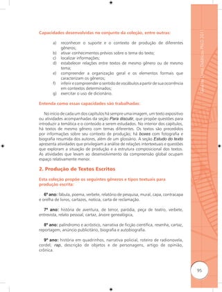Guia de Livros Didáticos PNLD 2011
Capacidades desenvolvidas no conjunto da coleção, entre outras:

        a)   reconhecer o suporte e o contexto de produção de diferentes
             gêneros;
        b)   ativar conhecimentos prévios sobre o tema do texto;
        c)   localizar informações;
        d)   estabelecer relações entre textos de mesmo gênero ou de mesmo
             tema;
        e)   compreender a organização geral e os elementos formais que
             caracterizam os gêneros;
        f)   inferir e compreender o sentido de vocábulos a partir de sua ocorrência
             em contextos determinados;
        g)   exercitar o uso de dicionário.

Entenda como essas capacidades são trabalhadas:

   No início de cada um dos capítulos há sempre uma imagem, um texto expositivo
ou atividades acompanhadas da seção Para discutir, que propõe questões para
introduzir a temática e o conteúdo a serem estudados. No interior dos capítulos,
há textos de mesmo gênero com temas diferentes. Os textos são precedidos
por informações sobre seu contexto de produção; há boxes com fotografia e
biografia resumida dos autores, além de um glossário. A seção Estudo do texto
apresenta atividades que privilegiam a análise de relações intertextuais e questões
que exploram a situação de produção e a estrutura composicional dos textos.
As atividades que levam ao desenvolvimento da compreensão global ocupam
espaço relativamente menor.

2. Produção de Textos Escritos

Esta coleção propõe os seguintes gêneros e tipos textuais para
produção escrita:

   6º ano: fábula, poema, verbete, relatório de pesquisa, mural, capa, contracapa
e orelha de livros, cartazes, notícia, carta de reclamação.

  7º ano: história de aventura, de terror, paródia, peça de teatro, verbete,
entrevista, relato pessoal, cartaz, árvore genealógica,

   8º ano: palíndromo e acróstico, narrativa de ficção científica, resenha, cartaz,
reportagem, anúncio publicitário, biografia e autobiografia.

   9º ano: história em quadrinhos, narrativa policial, roteiro de radionovela,
cordel, rap, descrição de objetos e de personagens, artigo de opinião,
crônica.



                                                                                       95
 