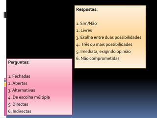 Perguntas:
1. Fechadas
2. Abertas
3.Alternativas
4. De escolha múltipla
5. Directas
6. Indirectas
Respostas:
1. Sim/Não
2. Livres
3. Esolha entre duas possibilidades
4. Três ou mais possibilidades
5. Imediata, exigindo opinião
6. Não comprometidas
 