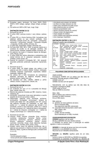 PORTUGUÊS




b) Exceções: pajem, lambujem. Os finais: ÁGIO, ÉGIO,                      • chá (planta para preparo de bebida)
   ÓGIO e ÍGIO: estágio, egrégio, relógio refúgio, prodígio,              • xá (título do antigo soberano do Irã)
   etc.                                                                   • chalé (casa campestre de estilo suíço)
c) Os verbos em GER e GIR: fugir, mugir, fingir.                          • xale (cobertura para os ombros)
                                                                          • chácara (propriedade rural)
   DISTINÇÃO ENTRE S E Z                                                  • xácara (narrativa popular em versos)
1. Escrevem-se com S:                                                     • cheque (ordem de pagamento)
a) O sufixo OSO: cremoso (creme + oso), leitoso, vaidoso,                 • xeque (jogada do xadrez)
   etc.                                                                   • cocho (vasilha para alimentar animais)
b) O sufixo ÊS e a forma feminina ESA, formadores dos                     • coxo (capenga, imperfeito)
   adjetivos pátrios ou que indicam profissão, título
   honorífico, posição social, etc.: português – portuguesa,              DISTINÇÃO ENTRE S, SS, Ç E C
   camponês – camponesa, marquês – marquesa, burguês                      Observe o quadro das correlações:
   – burguesa, montês, pedrês, princesa, etc.                             Correlaçõe    Exemplos
c) O sufixo ISA. sacerdotisa, poetisa, diaconisa, etc.                    s             ato - ação; infrator - infração; Marte - marcial
                                                                          t-c           abster - abstenção; ater - atenção; conter - contenção,
d) Os finais ASE, ESE, ISE e OSE, na grande maioria se o                  ter-tenção    deter - detenção; reter - retenção
   vocábulo for erudito ou de aplicação científica, não                                 aspergir - aspersão; imergir - imersão; submergir -
   haverá dúvida, hipótese, exegese análise, trombose, etc.               rg - rs       submersão;
                                                                          rt - rs       inverter - inversão; divertir - diversão
e) As palavras nas quais o S aparece depois de ditongos:                  pel - puls    impelir - impulsão; expelir - expulsão; repelir - repulsão
   coisa, Neusa, causa.                                                   corr - curs   correr - curso - cursivo - discurso; excursão - incursão
f) O sufixo ISAR dos verbos referentes a substantivos cujo                sent - sens sentir - senso, sensível, consenso
   radical termina em S: pesquisar (pesquisa), analisar                   ced - cess    ceder - cessão - conceder - concessão; interceder -
                                                                                        intercessão.
   (análise), avisar (aviso), etc.                                        gred        - exceder - excessivo (exceto exceção)
g) Quando for possível a correlação ND - NS: escandir:                    gress         agredir - agressão - agressivo; progredir - progressão -
   escansão; pretender: pretensão; repreender: repreensão,                              progresso - progressivo
                                                                          prim        - imprimir - impressão; oprimir - opressão; reprimir -
   etc.                                                                   press         repressão.
                                                                          tir - ssão    admitir - admissão; discutir - discussão, permitir -
2. Escrevem-se em Z.                                                                    permissão.
a) O sufixo IZAR, de origem grega, nos verbos e nas                                     (re)percutir - (re)percussão
   palavras que têm o mesmo radical. Civilizar: civilização,
   civilizado; organizar: organização, organizado; realizar:                   PALAVRAS COM CERTAS DIFICULDADES
   realização, realizado, etc.
b) Os sufixos EZ e EZA formadores de substantivos                        ONDE-AONDE
   abstratos derivados de adjetivos limpidez (limpo),                    Emprega-se AONDE com os verbos que dão ideia de
   pobreza (pobre), rigidez (rijo), etc.                               movimento. Equivale sempre a PARA ONDE.
c) Os derivados em -ZAL, -ZEIRO, -ZINHO e –ZITO:                         AONDE você vai?
   cafezal, cinzeiro, chapeuzinho, cãozito, etc.                         AONDE nos leva com tal rapidez?

   DISTINÇÃO ENTRE X E CH:                                                Naturalmente, com os verbos que não dão ideia de
1. Escrevem-se com X                                                   “movimento” emprega-se ONDE
a) Os vocábulos em que o X é o precedido de ditongo:                      ONDE estão os livros?
   faixa, caixote, feixe, etc.                                            Não sei ONDE te encontrar.
c) Maioria das palavras iniciadas por ME: mexerico, mexer,
   mexerica, etc.                                                         MAU - MAL
d) EXCEÇÃO: recauchutar (mais seus derivados) e caucho                    MAU é adjetivo (seu antônimo é bom).
   (espécie de árvore que produz o látex).                                Escolheu um MAU momento.
e) Observação: palavras como "enchente, encharcar,                        Era um MAU aluno.
   enchiqueirar, enchapelar, enchumaçar", embora se
   iniciem pela sílaba "en", são grafadas com "ch", porque                MAL pode ser:
   são palavras formadas por prefixação, ou seja, pelo                    a) advérbio de modo (antônimo de bem).
   prefixo en + o radical de palavras que tenham o ch                        Ele se comportou MAL.
   (enchente, encher e seus derivados: prefixo en + radical                  Seu argumento está MAL estruturado
   de cheio; encharcar: en + radical de charco; enchiqueirar:             b) conjunção temporal (equivale a assim que).
   en + radical de chiqueiro; enchapelar: en + radical de                    MAL chegou, saiu
   chapéu; enchumaçar: en + radical de chumaço).                          c) substantivo:
                                                                             O MAL não tem remédio,
2. Escrevem-se com CH:                                                       Ela foi atacada por um MAL incurável.
a) charque, chiste, chicória, chimarrão, ficha, cochicho,
   cochichar, estrebuchar, fantoche, flecha, inchar,                      CESÃO/SESSÃO/SECÇÃO/SEÇÃO
   pechincha, pechinchar, penacho, salsicha, broche,                      CESSÃO significa o ato de ceder.
   arrocho, apetrecho, bochecha, brecha, chuchu,                          Ele fez a CESSÃO dos seus direitos autorais.
   cachimbo, comichão, chope, chute, debochar, fachada,                   A CESSÃO do terreno para a construção do estádio
   fechar, linchar, mochila, piche, pichar, tchau.                     agradou a todos os torcedores.
b) Existem vários casos de palavras homófonas, isto é,
   palavras que possuem a mesma pronúncia, mas a grafia                   SESSÃO é o intervalo de tempo que dura uma reunião:
   diferente. Nelas, a grafia se distingue pelo contraste entre           Assistimos a uma SESSÃO de cinema.
   o x e o ch.                                                            Reuniram-se em SESSÃO extraordinária.

   Exemplos:                                                              SECÇÃO (ou SEÇÃO) significa parte de um todo,
   • brocha (pequeno prego)                                            subdivisão:
   • broxa (pincel para caiação de paredes)                               Lemos a noticia na SECÇÃO (ou SEÇÃO) de esportes.
                                                                          Compramos os presentes na SECÇÃO (ou SEÇÃO) de
Língua Portuguesa                                                 13               A Opção Certa Para a Sua Realização
 
