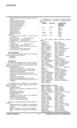 PORTUGUÊS




       o último elemento varia, tanto em gênero quanto em
       número:                                                            Os adjetivos: bom, mau, grande e pequeno possuem,
      acordos sócio-político-econômico                                 para o comparativo e o superlativo, as seguintes formas
      acordos sócio-político-econômicos                                especiais:
      causa sócio-político-econômica                                       NORMAL       COM. SUP.       SUPERLATIVO
      causas sócio-político-econômicas
                                                                                                        ABSOLUTO
      acordo luso-franco-brasileiro
      acordo luso-franco-brasileiros                                                                    RELATIVO
      lente côncavo-convexa                                                bom          melhor          ótimo
      lentes côncavo-convexas                                                                           melhor
      camisa verde-clara                                                   mau          pior            péssimo
      camisas verde-claras                                                                              pior
      sapato marrom-escuro                                                 grande       maior           máximo
      sapatos marrom-escuros                                                                            maior
   Observações:
                                                                           pequeno      menor           mínimo
   1) Se o último elemento for substantivo, o adjetivo composto
      fica invariável:                                                                                  menor
      camisa verde-abacate           camisas verde-abacate
      sapato marrom-café       sapatos marrom-café                          Eis, para consulta, alguns superlativos absolutos
      blusa amarelo-ouro       blusas amarelo-ouro                     sintéticos:
   2) Os adjetivos compostos azul-marinho e azul-celeste ficam
                                                                          acre - acérrimo               ágil - agílimo
      invariáveis:
      blusa azul-marinho              blusas azul-marinho                 agradável                   - agudo - acutíssimo
      camisa azul-celeste camisas azul-celeste                            agradabilíssimo               amável - amabilíssimo
   3) No adjetivo composto (como já vimos) surdo-mudo, ambos              amargo - amaríssimo           antigo - antiquíssimo
      os elementos variam:                                                amigo - amicíssimo            atroz - atrocíssimo
      menino surdo-mudo meninos surdos-mudos                              áspero - aspérrimo            benéfico - beneficentíssimo
      menina surda-muda meninas surdas-mudas                              audaz - audacíssimo           capaz - capacíssimo
                                                                          benévolo                    - cristão - cristianíssimo
   Graus do Adjetivo                                                      benevolentíssimo              doce - dulcíssimo
   As variações de intensidade significativa dos adjetivos                célebre - celebérrimo         feroz - ferocíssimo
podem ser expressas em dois graus:                                        cruel - crudelíssimo          frágil - fragilíssimo
   - o comparativo                                                        eficaz - eficacíssimo         humilde           -     humílimo
   - o superlativo                                                        fiel - fidelíssimo            (humildíssimo)
                                                                          frio - frigidíssimo           inimigo - inimicíssimo
   Comparativo                                                            incrível - incredibilíssimo jovem - juveníssimo
                                                                          íntegro - integérrimo         magnífico - magnificentíssimo
    Ao compararmos a qualidade de um ser com a de outro,
                                                                          livre - libérrimo             maléfico - maleficentíssimo
ou com uma outra qualidade que o próprio ser possui,
                                                                          magro - macérrimo             miúdo - minutíssimo
podemos concluir que ela é igual, superior ou inferior. Daí os
                                                                          manso - mansuetíssimo nobre - nobilíssimo
três tipos de comparativo:
                                                                          negro         -     nigérrimo pobre          -      paupérrimo
    - Comparativo de igualdade:
                                                                          (negríssimo)                  (pobríssimo)
        O espelho é tão valioso como (ou quanto) o vitral.
                                                                          pessoal                     - preguiçoso - pigérrimo
        Pedro é tão saudável como (ou quanto) inteligente.
                                                                          personalíssimo                provável - probabilíssimo
    - Comparativo de superioridade:
                                                                          possível - possibilíssimo pudico - pudicíssimo
        O aço é mais resistente que (ou do que) o ferro.
                                                                          próspero - prospérrimo        sagrado - sacratíssimo
        Este automóvel é mais confortável que (ou do que)
                                                                          público - publicíssimo        sensível - sensibilíssimo
        econômico.
                                                                          sábio - sapientíssimo         tenro - tenerissimo
    - Comparativo de inferioridade:
                                                                          salubre - salubérrimo         tétrico - tetérrimo
        A prata é menos valiosa que (ou do que) o ouro.
                                                                          simples – simplicíssimo visível - visibilíssimo
        Este automóvel é menos econômico que (ou do que)
                                                                          terrível - terribilíssimo     vulnerável - vuInerabilíssimo
        confortável.
                                                                          velho - vetérrimo
                                                                          voraz - voracíssimo
   Ao expressarmos uma qualidade no seu mais elevado
grau de intensidade, usamos o superlativo, que pode ser
                                                                         Adjetivos Gentílicos e Pátrios
absoluto ou relativo:
                                                                         Argélia – argelino        Bagdá - bagdali
   - Superlativo absoluto
                                                                         Bizâncio - bizantino      Bogotá - bogotano
       Neste caso não comparamos a qualidade com a de
                                                                         Bóston - bostoniano       Braga - bracarense
       outro ser:
                                                                         Bragança - bragantino     Brasília - brasiliense
       Esta cidade é poluidíssima.
                                                                         Bucareste - bucarestino, Buenos Aires - portenho,
       Esta cidade é muito poluída.
                                                                         -bucarestense             buenairense
   - Superlativo relativo
                                                                         Cairo - cairota           Campos - campista
       Consideramos o elevado grau de uma qualidade,
                                                                         Canaã - cananeu           Caracas - caraquenho
       relacionando-a a outros seres:
                                                                         Catalunha - catalão       Ceilão - cingalês
       Este rio é o mais poluído de todos.
                                                                         Chicago - chicaguense     Chipre - cipriota
       Este rio é o menos poluído de todos.
                                                                         Coimbra - coimbrão,       Córdova - cordovês
                                                                         conimbricense             Creta - cretense
   Observe que o superlativo absoluto pode ser sintético ou
                                                                         Córsega - corso           Cuiabá - cuiabano
analítico:
                                                                         Croácia - croata          EI Salvador - salvadorenho
   - Analítico: expresso com o auxílio de um advérbio de
                                                                         Egito - egípcio           Espírito Santo - espírito-
        intensidade - muito trabalhador, excessivamente
                                                                         Equador - equatoriano     santense, capixaba
        frágil, etc.
                                                                         Filipinas - filipino      Évora - eborense
   - Sintético: expresso por uma só palavra (adjetivo +
                                                                         Florianópolis           - Finlândia - finlandês
        sufixo) – antiquíssimo: cristianíssimo, sapientíssimo,
                                                                         florianopolitano          Formosa - formosano
        etc.
                                                                         Fortaleza - fortalezense Foz do lguaçu - iguaçuense
Língua Portuguesa                                                 29               A Opção Certa Para a Sua Realização
 