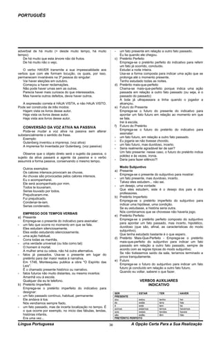 PORTUGUÊS




adverbial de há muito (= desde muito tempo, há muito                -    um fato presente em relação a outro fato passado.
tempo):                                                                  Eu lia quando ele chegou.
   De há muito que esta árvore não dá frutos.                       c)   Pretérito Perfeito
   De há muito não o vejo.                                               Emprega-se o pretérito perfeito do indicativo para referir
                                                                         um fato já ocorrido, concluído.
   O verbo HAVER transmite a sua impessoalidade aos                      Estudei a noite inteira.
verbos que com ele formam locução, os quais, por isso,                   Usa-se a forma composta para indicar uma ação que se
permanecem invariáveis na 3ª pessoa do singular:                         prolonga até o momento presente.
   Vai haver eleições em outubro.                                        Tenho estudado todas as noites.
   Começou a haver reclamações.                                     d)   Pretérito mais-que-perfeito
   Não pode haver umas sem as outras.                                    Chama-se mais-que-perfeito porque indica uma ação
   Parecia haver mais curiosos do que interessados.                      passada em relação a outro fato passado (ou seja, é o
   Mas haveria outros defeitos, devia haver outros.                      passado do passado):
                                                                         A bola já ultrapassara a linha quando o jogador a
   A expressão correta é HAJA VISTA, e não HAJA VISTO.                   alcançou.
Pode ser construída de três modos:                                  e)   Futuro do Presente
   Hajam vista os livros desse autor.                                    Emprega-se o futuro do presente do indicativo para
   Haja vista os livros desse autor.                                     apontar um fato futuro em relação ao momento em que
   Haja vista aos livros desse autor.                                    se fala.
                                                                         Irei à escola.
   CONVERSÃO DA VOZ ATIVA NA PASSIVA                                f)   Futuro do Pretérito
                                                                         Emprega-se o futuro do pretérito do indicativo para
   Pode-se mudar a voz ativa na passiva sem alterar
                                                                         assinalar:
substancialmente o sentido da frase.
                                                                    -    um fato futuro, em relação a outro fato passado.
   Exemplo:
                                                                    -    Eu jogaria se não tivesse chovido.
   Gutenberg inventou a imprensa. (voz ativa)
                                                                    -    um fato futuro, mas duvidoso, incerto.
   A imprensa foi inventada por Gutenberg. (voz passiva)
                                                                    -    Seria realmente agradável ter de sair?
                                                                         Um fato presente: nesse caso, o futuro do pretérito indica
    Observe que o objeto direto será o sujeito da passiva, o
                                                                         polidez e às vezes, ironia.
sujeito da ativa passará a agente da passiva e o verbo
                                                                    -    Daria para fazer silêncio?!
assumirá a forma passiva, conservando o mesmo tempo.
                                                                       Modo Subjuntivo
   Outros exemplos:
                                                                    a) Presente
   Os calores intensos provocam as chuvas.
                                                                       Emprega-se o presente do subjuntivo para mostrar:
   As chuvas são provocadas pelos calores intensos.
                                                                    - um fato presente, mas duvidoso, incerto.
   Eu o acompanharei.
                                                                       Talvez eles estudem... não sei.
   Ele será acompanhado por mim.
                                                                    - um desejo, uma vontade:
   Todos te louvariam.
                                                                       Que eles estudem, este é o desejo dos pais e dos
   Serias louvado por todos.
                                                                       professores.
   Prejudicaram-me.
                                                                    b) Pretérito Imperfeito
   Fui prejudicado.
                                                                       Emprega-se o pretérito imperfeito do subjuntivo para
   Condenar-te-iam.
                                                                       indicar uma hipótese, uma condição.
   Serias condenado.
                                                                       Se eu estudasse, a história seria outra.
                                                                       Nós combinamos que se chovesse não haveria jogo.
   EMPREGO DOS TEMPOS VERBAIS
                                                                    e) Pretérito Perfeito
a) Presente
                                                                       Emprega-se o pretérito perfeito composto do subjuntivo
   Emprega-se o presente do indicativo para assinalar:
                                                                       para apontar um fato passado, mas incerto, hipotético,
- um fato que ocorre no momento em que se fala.
                                                                       duvidoso (que são, afinal, as características do modo
   Eles estudam silenciosamente.
                                                                       subjuntivo).
   Eles estão estudando silenciosamente.
                                                                       Que tenha estudado bastante é o que espero.
- uma ação habitual.
                                                                    d) Pretérito Mais-Que-Perfeito - Emprega-se o pretérito
   Corra todas as manhãs.
                                                                       mais-que-perfeito do subjuntivo para indicar um fato
- uma verdade universal (ou tida como tal):
                                                                       passado em relação a outro fato passado, sempre de
   O homem é mortal.
                                                                       acordo com as regras típicas do modo subjuntivo:
   A mulher ama ou odeia, não há outra alternativa.
                                                                       Se não tivéssemos saído da sala, teríamos terminado a
- fatos já passados. Usa-se o presente em lugar do
                                                                       prova tranquilamente.
   pretérito para dar maior realce à narrativa.
                                                                    e) Futuro
   Em 1748, Montesquieu publica a obra "O Espírito das
                                                                       Emprega-se o futuro do subjuntivo para indicar um fato
   Leis".
                                                                       futuro já concluído em relação a outro fato futuro.
   É o chamado presente histórico ou narrativo.
                                                                       Quando eu voltar, saberei o que fazer.
- fatos futuros não muito distantes, ou mesmo incertos:
   Amanhã vou à escola.
   Qualquer dia eu te telefono.                                                       VERBOS AUXILIARES
b) Pretérito Imperfeito                                                                  INDICATIVO
   Emprega-se o pretérito imperfeito do indicativo para
   designar:                                                        SER             ESTAR           TER           HAVER
- um fato passado contínuo, habitual, permanente:                   PRESENTE
   Ele andava à toa.                                                sou             estou           tenho         hei
   Nós vendíamos sempre fiado.                                      és              estás           tens          hás
                                                                    é               está            tem           há
- um fato passado, mas de incerta localização no tempo. É
                                                                    somos           estamos         temos         havemos
   o que ocorre por exemplo, no inicio das fábulas, lendas,         sois            estais          tendes        haveis
   histórias infantis.                                              são             estão           têm           hão
   Era uma vez...                                                   PRETÉRITO PERFEITO

Língua Portuguesa                                              36               A Opção Certa Para a Sua Realização
 