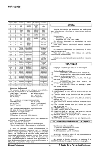 PORTUGUÊS




Romano    Arábic    Cardinais       Ordinais      Multiplicativ    Fracionários
  s         os                                         os
   I        1         um           primeiro         simples            -                                            ARTIGO
  II        2         dois         segundo           duplo            meio
                                                     dobro
   III      3         três          terceiro        tríplice          terço
   IV       4        quatro          quarto       quádruplo          quarto
                                                                                            Artigo é uma palavra que antepomos aos substantivos
   V        5        cinco           quinto        quíntuplo         quinto             para determiná-los. Indica-lhes, ao mesmo tempo, o gênero
   VI       6         seis            sexto        sêxtuplo           sexto             e o número.
   VII      7         sete           sétimo         sétuplo          sétimo
  VIII      8         oito           oitavo         óctuplo           oitavo
  IX        9         nove            nono          nônuplo           nono
                                                                                           Dividem-se em
   X       10         dez           décimo          décuplo          décimo                • definidos: O, A, OS, AS
  XI       11         onze          décimo                          onze avos              • indefinidos: UM, UMA, UNS, UMAS.
                                   primeiro
                                                                                           Os definidos determinam os substantivos de modo
   XII     12         doze          décimo                          doze avos
                                   segundo                                              preciso, particular.
  XIII     13         treze         décimo                          treze avos             Viajei com o médico. (Um médico referido, conhecido,
                                    terceiro
  XIV      14      quatorze      décimo quarto                    quatorze avos
                                                                                        determinado).
  XV       15       quinze       décimo quinto                      quinze avos
  XVI      16      dezesseis     décimo sexto                        dezesseis             Os indefinidos determinam os substantivos de modo
                                                                         avos
                                                                                        vago, impreciso, geral.
  XVII     17      dezessete     décimo sétimo                       dezessete
                                                                         avos              Viajei com um médico. (Um médico não referido,
  XVIII    18       dezoito      décimo oitavo                     dezoito avos         desconhecido, indeterminado).
  XIX      19      dezenove      décimo nono                         dezenove
                                                                         avos
  XX       20         vinte          vigésimo                        vinte avos            lsoladamente, os artigos são palavras de todo vazias de
  XXX      30         trinta         trigésimo                       trinta avos        sentido.
   XL      40      quarenta      quadragésimo                     quarenta avos
   L       50      cinquenta     quinquagésim                        cinquenta
                                          o                              avos
   LX      60        sessenta      sexagésimo                     sessenta avos
                                                                                                                CONJUNÇÃO
  LXX      70         setenta    septuagésimo                      setenta avos
 LXXX      80          oitenta     octogésimo                       oitenta avos
                                                                                              Conjunção é a palavra que une duas ou mais orações.
  XC       90         noventa     nonagésimo                       noventa avos
   C       100          cem         centésimo                        centésimo
  CC       200       duzentos     ducentésimo                      ducentésimo             Coniunções Coordenativas
 CCC       300       trezentos    trecentésimo                     trecentésimo         1)            ADITIVAS: e, nem, também, mas, também, etc.
  CD       400     quatrocento   quadringentés                    quadringentési
                          s              imo                              mo            2)            ADVERSATIVAS: mas, porém, contudo, todavia,
   D       500     quinhentos    quingentésimo                    quingentésimo            entretanto, senão, no entanto, etc.
   DC      600      seiscentos   sexcentésimo                     sexcentésimo          3)            ALTERNATIVAS: ou, ou.., ou, ora... ora, já... já,
  DCC      700     setecentos     septingentési                    septingentési
                                          mo                              mo               quer, quer, etc.
 DCCC      800     oitocentos    octingentésim                    octingentésim         4)            CONCLUSIVAS. logo, pois, portanto, por
                                          o                                o               conseguinte, por consequência.
  CM      900      novecentos    nongentésimo                     nongentésimo
   M      1000         mil           milésimo                         milésimo          5)            EXPLICATIVAS: isto é, por exemplo, a saber,
                                                                                           que, porque, pois, etc.
   Emprego do Numeral
   Na sucessão de papas, reis, príncipes, anos, séculos,                                    Conjunções Subordinativas
capítulos, etc. empregam-se de 1 a 10 os ordinais.                                      1) CONDICIONAIS: se, caso, salvo se, contanto que, uma vez
   João Paulo I I (segundo)       ano lll (ano terceiro)                                    que, etc.
   Luis X (décimo)                ano I (primeiro)                                      2) CAUSAIS: porque, já que, visto que, que, pois, porquanto,
   Pio lX (nono)                  século lV (quarto)                                        etc.
                                                                                        3) COMPARATIVAS: como, assim como, tal qual, tal como,
   De 11 em diante, empregam-se os cardinais:                                               mais que, etc.
   Leão Xlll (treze)           ano Xl (onze)                                            4) CONFORMATIVAS: segundo, conforme, consoante, como,
   Pio Xll (doze)              século XVI (dezesseis)                                       etc.
   Luis XV (quinze)            capitulo XX (vinte)                                      5) CONCESSIVAS: embora, ainda que, mesmo que, posto
                                                                                            que, se bem que, etc.
   Se o numeral aparece antes, é lido como ordinal.                                     6) INTEGRANTES: que, se, etc.
   XX Salão do Automóvel (vigésimo)                                                     7) FINAIS: para que, a fim de que, que, etc.
   VI Festival da Canção (sexto)                                                        8) CONSECUTIVAS: tal... qual, tão... que, tamanho... que, de
   lV Bienal do Livro (quarta)                                                              sorte que, de forma que, de modo que, etc.
   XVI capítulo da telenovela (décimo sexto)                                            9) PROPORCIONAIS: à proporção que, à medida que,
                                                                                            quanto... tanto mais, etc.
   Quando se trata do primeiro dia do mês, deve-se dar                                  10) TEMPORAIS: quando, enquanto, logo que, depois que, etc.
preferência ao emprego do ordinal.
   Hoje é primeiro de setembro                                                               VALOR LÓGICO E SINTÁTICO DAS CONJUNÇÕES
   Não é aconselhável iniciar período com algarismos
   16 anos tinha Patrícia = Dezesseis anos tinha Patrícia
                                                                                              Examinemos estes exemplos:
                                                                                              1º) Tristeza e alegria não moram juntas.
    A título de brevidade, usamos constantemente os
                                                                                              2º) Os livros ensinam e divertem.
cardinais pelos ordinais. Ex.: casa vinte e um (= a vigésima
                                                                                              3º) Saímos de casa quando amanhecia.
primeira casa), página trinta e dois (= a trigésima segunda
página). Os cardinais um e dois não variam nesse caso
                                                                                          No primeiro exemplo, a palavra E liga duas palavras da
porque está subentendida a palavra número. Casa número
                                                                                        mesma oração: é uma conjunção.
vinte e um, página número trinta e dois. Por isso, deve-se
dizer e escrever também: a folha vinte e um, a folha trinta e
                                                                                          No segundo a terceiro exemplos, as palavras E e
dois. Na linguagem forense, vemos o numeral flexionado: a
                                                                                        QUANDO estão ligando orações: são também conjunções.
folhas vinte e uma a folhas trinta e duas.

Língua Portuguesa                                                                  42                 A Opção Certa Para a Sua Realização
 