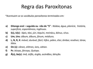 Regra das Paroxítonas
a) Ditongo oral – seguido ou não de “S” : Nódoa, água, planície, história,
superfície, espontâneos, ingênuos.
b) I(s), U(s) : lápis, táxi, júri, biquíni, meinácu, bônus, vírus.
c) Um, Uns: álbum, álbuns, fórum, médiuns.
d) L, N, R, X: móvel, durável, fácil, hífen, pólen, éter, âmbar, revólver, tórax,
látex.
e) On (s): cânon, elétron, íons, cátion.
f) Ps: bíceps, fórceps, Quéops.
g) Ã(s), ão(s): ímã, órfãs, órgão, acórdãos, bênção.
*Acentuam-se os vocábulos paroxítonos terminados em:
 