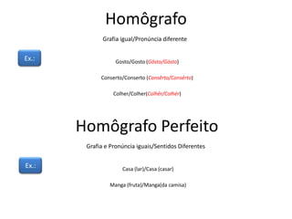 Homôgrafo
Grafia igual/Pronúncia diferente
Ex.: Gosto/Gosto (Gôsto/Gósto)
Conserto/Conserto (Consêrto/Consérto)
Colher/Colher(Colhêr/Colhér)
Homôgrafo Perfeito
Grafia e Pronúncia iguais/Sentidos Diferentes
Ex.: Casa (lar)/Casa (casar)
Manga (fruta)/Manga(da camisa)
 