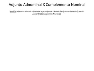 Adjunto Adnominal X Complemento Nominal
*Análise: Quando o termo seguinte é agente (neste caso será Adjunto Adnominal); sendo
paciente (Complemento Nominal)
 