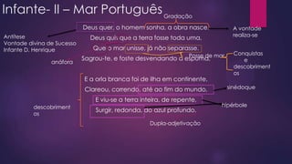 Infante- II – Mar Português Gradação
Deus quer, o homem sonha, a obra nasce.
Antítese
Vontade divina de Sucesso
Infante D. Henrique
anáfora

Deus quis que a terra fosse toda uma,
Que o mar unisse, já não separasse.
Posse de mar

Sagrou-te, e foste desvendando a espuma,
E a orla branca foi de ilha em continente,
Clareou, correndo, até ao fim do mundo,
E viu-se a terra inteira, de repente,

descobriment
os

A vontade
realiza-se

Surgir, redonda, do azul profundo.
Dupla-adjetivação

Conquistas
e
descobriment
os
sinédoque

hipérbole

 