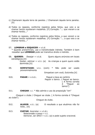 c) Chamaram àquela terra de paraíso. / Chamaram àquela terra paraíso.
[V]
d) Todos os rapazes, conforme registros pelos feitos, que veio a se
chamar heróis receberam medalhas. [F] Correção: “... que vieram a se
chamar heróis...”
e) Todos os rapazes, conforme registros pelos feitos, a que vieram a se
chamar heróis receberam medalhas. [F] Correção: “... a que veio a se
chamar heróis...”
07. LEMBRAR e ESQUECER = v.t.d.
* Quando pronominais, use a transitividade indireta. Também é bom
ressaltar que LEMBRAR pode ser transitivo direto e indireto.
08. QUERER: Desejar = v.t.d. Quero alguns anúncios em locais
estratégicos.[V]
Gostar, estimar = v.t.i. (a) As crianças a quem quero estão
dormindo.[V]
09. SIMPATIZAR: v.t.i. (com) * Não pode ser usado
pronominalmente
Simpatizei com você, Dulcinéia.[V]
010. PAGAR = v.t.d.i. Paguei a taxa ao cartório
Paguei o banco. / Paguei ao banco.
[ A forma correta
é “Paguei ao
banco”]
011. CHEGAR: v.i. * Não admite o uso da preposição “em”
Cheguei o clube / Cheguei ao clube. [ A forma correta é “Cheguei
ao clube”]
Cheguei do clube.
012. ALUDIR: v.t.i. (a) O resultado a que aludimos não foi
lícito.. [V]
013. CUSTAR: Acarretar = v.t.d.i.
Relacionado a preço = v.i.
Demorar, ser difícil = v.t.i. (a) e pede sujeito oracional.
 