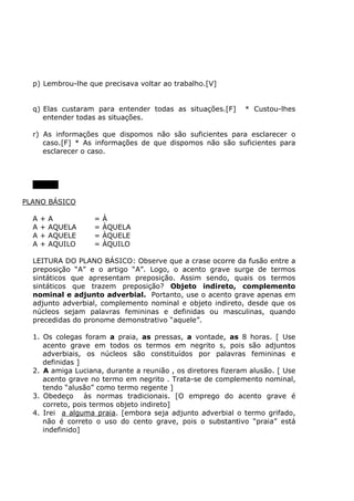 p) Lembrou-lhe que precisava voltar ao trabalho.[V]
q) Elas custaram para entender todas as situações.[F] * Custou-lhes
entender todas as situações.
r) As informações que dispomos não são suficientes para esclarecer o
caso.[F] * As informações de que dispomos não são suficientes para
esclarecer o caso.
CRASE
PLANO BÁSICO
A + A = À
A + AQUELA = ÀQUELA
A + AQUELE = ÀQUELE
A + AQUILO = ÀQUILO
LEITURA DO PLANO BÁSICO: Observe que a crase ocorre da fusão entre a
preposição “A” e o artigo “A”. Logo, o acento grave surge de termos
sintáticos que apresentam preposição. Assim sendo, quais os termos
sintáticos que trazem preposição? Objeto indireto, complemento
nominal e adjunto adverbial. Portanto, use o acento grave apenas em
adjunto adverbial, complemento nominal e objeto indireto, desde que os
núcleos sejam palavras femininas e definidas ou masculinas, quando
precedidas do pronome demonstrativo “aquele”.
1. Os colegas foram a praia, as pressas, a vontade, as 8 horas. [ Use
acento grave em todos os termos em negrito s, pois são adjuntos
adverbiais, os núcleos são constituídos por palavras femininas e
definidas ]
2. A amiga Luciana, durante a reunião , os diretores fizeram alusão. [ Use
acento grave no termo em negrito . Trata-se de complemento nominal,
tendo “alusão” como termo regente ]
3. Obedeço às normas tradicionais. [O emprego do acento grave é
correto, pois termos objeto indireto]
4. Irei a alguma praia. [embora seja adjunto adverbial o termo grifado,
não é correto o uso do cento grave, pois o substantivo “praia” está
indefinido]
 