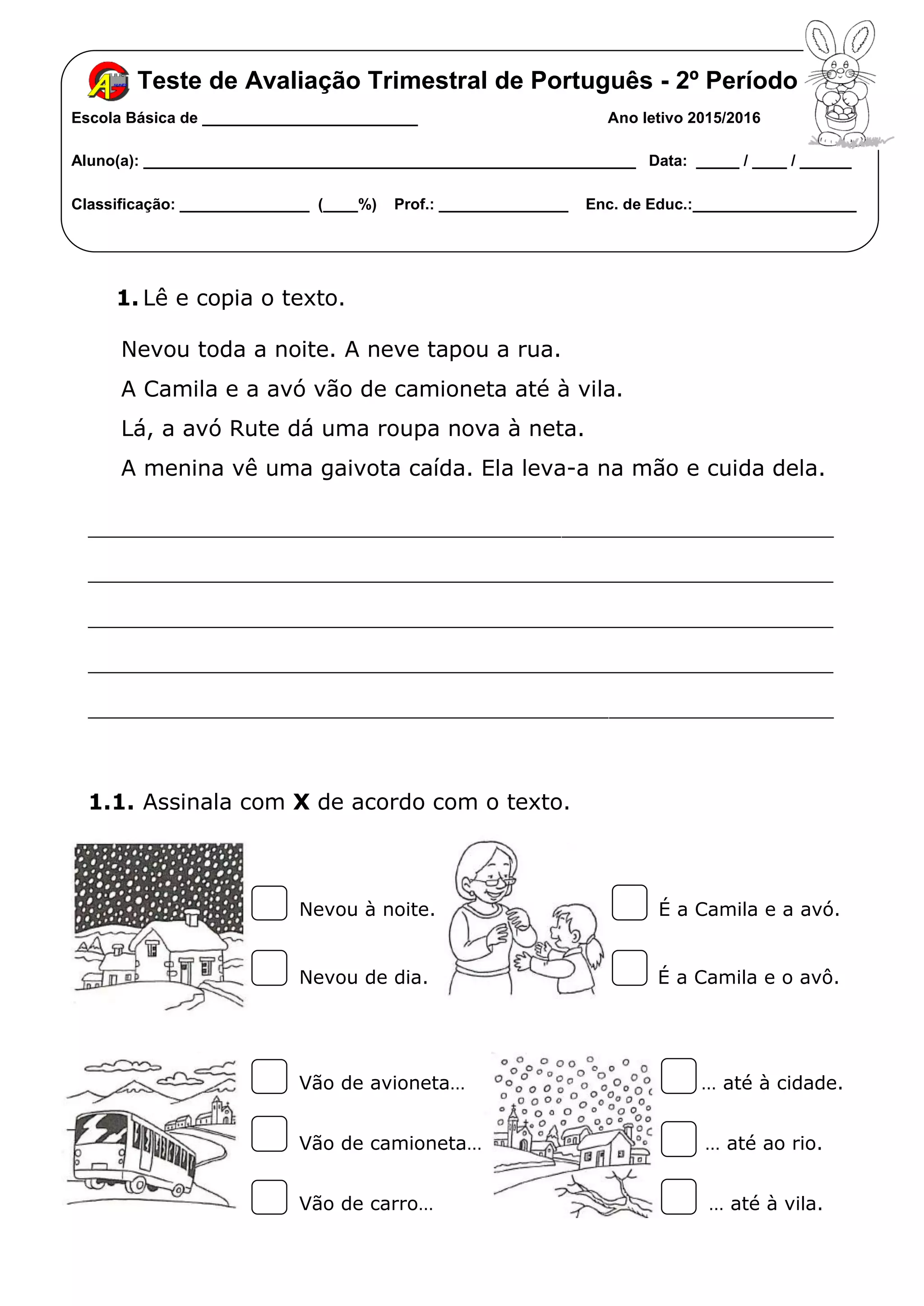 teste de avaliação trimestral português 1º ano | PDF