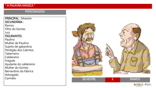 “ A PALAVRA MÁGICA ”
PERSONAGENS
PRINCIPAL : Silvestre
SECUNDÁRIA :
Ramos
Filho do Gomes
Juiz
FIGURANTES:
Paulino
Mulher de Paulino
Sujeito de gabardina
Perdigão dos Cabritos
Taberneiro
Caldeireiro
Freguês
Ajudante do caldeireiro
Mulher do Gomes
Bernardino da Fábrica
Advogado
Carmelo RAMOSSILVESTRE E
 