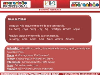 ETAPA PRÉ-VESTIBULAR



Tipos de Verbos

-Irregular: Não segue o modelo de sua conjugação.
- Ex.: Fazer – Faço –Fazes – Faz – Fiz – Fizeste(s) , Vender – Segue

-Regular: Segue o modelo de sua conjugação.
-Ex.: Amar – Amo – Amas – Ama – Amei – Amava – Amarei.


Advérbio – Modifica o verbo, dando idéia de tempo, modo, intensidade
na ação verbal.
Modo: Andar depressa; Vestir-se mal.
Tempo: Chegou agora; Voltarei em breve.
Intensidade: Comeu bastante; Falta pouco.
Lugar: Estou dentro de casa.
Negação: Não voltarei; Jamais enganarei.
                                                    walteralencar.blogspot.com.br
 