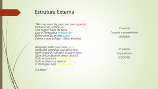 Estrutura Externa
1ª estrofe
Cruzada e emparelhada
(ABABBA)
2ª estrofe
Emparelhada
(CDDEFFF)
“Nem rei nem lei, nem paz nem guerra,
Define com perfil e ser
Este fulgor baço da terra
Que é Portugal a entristecer –
Brilho sem luz e sem arder,
Como o que o fogo - fátuo encerra.
Ninguém sabe que coisa quer,
Ninguém conhece que alma tem,
Nem o que é mal nem o que é bem.
(Que ânsia distante perto chora?)
Tudo é incerto e derradeiro.
Tudo é disperso, nada é inteiro.
Ó Portugal, hoje és nevoeiro...
É a hora!”
 