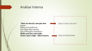 Análise Interna
“Nem rei nem lei, nem paz nem
guerra,
Define com perfil e ser
Este fulgor baço da terra
Que é Portugal a entristecer –
Brilho sem luz e sem arder,
Como o que o fogo - fátuo encerra.
CRISE A NIVEL POLITICO
CRISE DE IDENTIDADE
 
