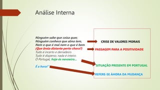 Análise Interna
Ninguém sabe que coisa quer,
Ninguém conhece que alma tem,
Nem o que é mal nem o que é bem.
(Que ânsia distante perto chora?)
Tudo é incerto e derradeiro.
Tudo é disperso, nada é inteiro.
Ó Portugal, hoje és nevoeiro...
É a hora!”
CRISE DE VALORES MORAIS
PASSAGEM PARA A POSITIVIDADE
SITUAÇÃO PRESENTE EM PORTUGAL
REFERE-SE ÀHORA DA MUDANÇA
 